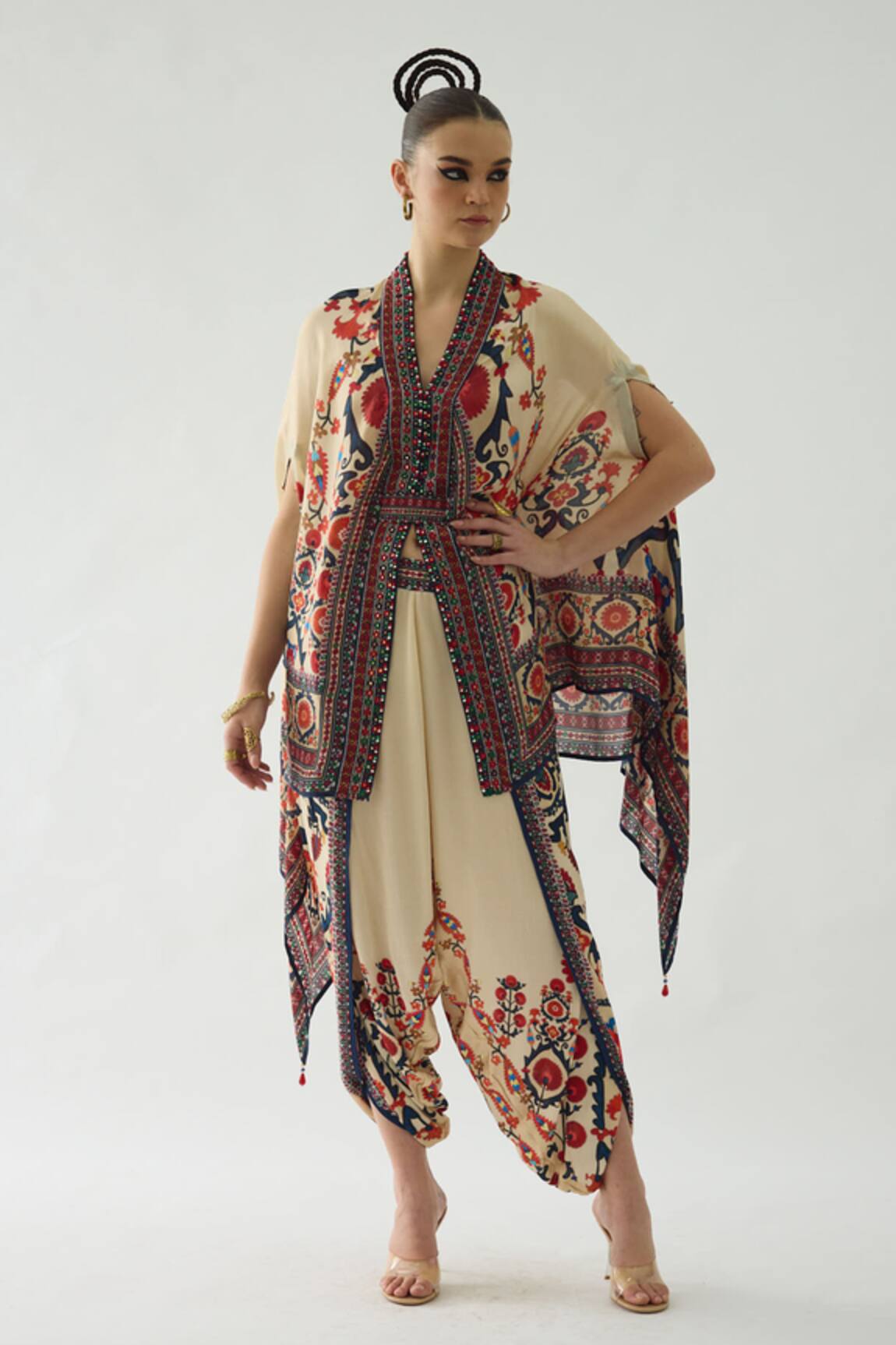 Rajdeep Ranawat Chloe Gul Garden Print Front Open Cape With Belt 