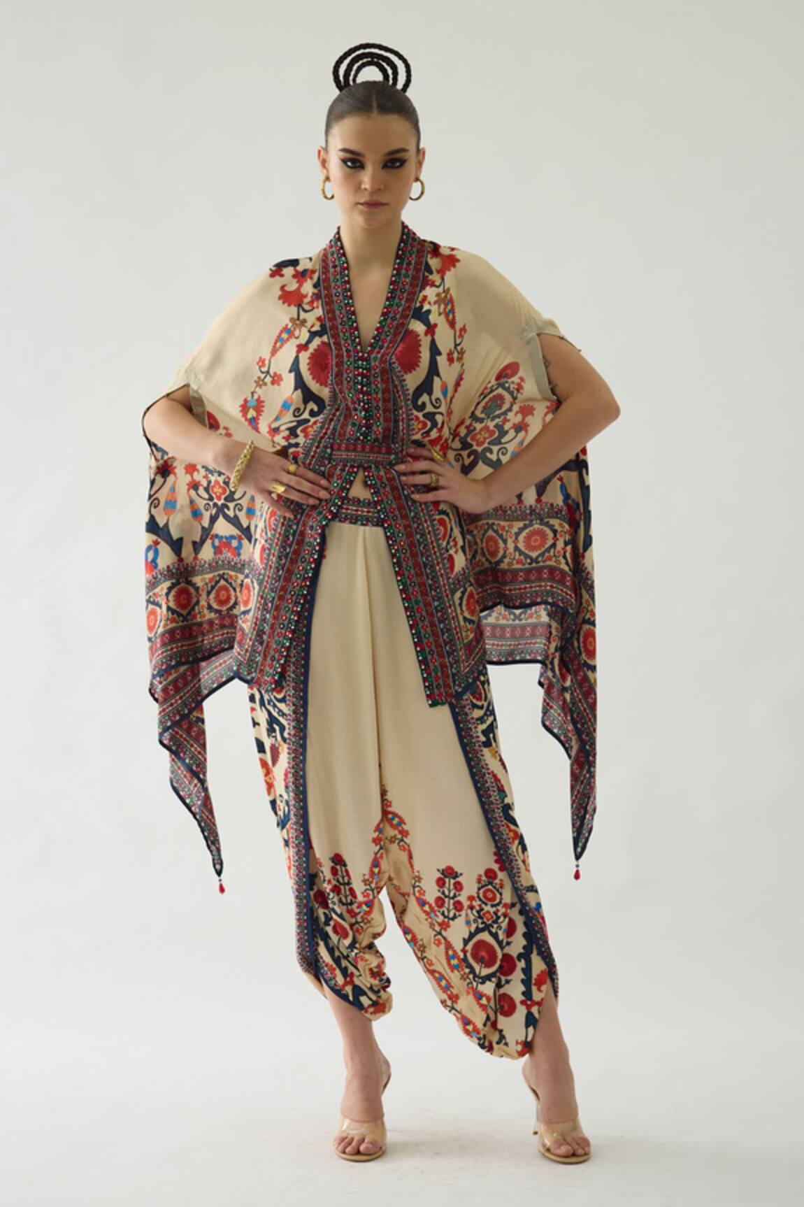 Rajdeep Ranawat Chloe Bahar Garden Print Front Open Cape With Belt 