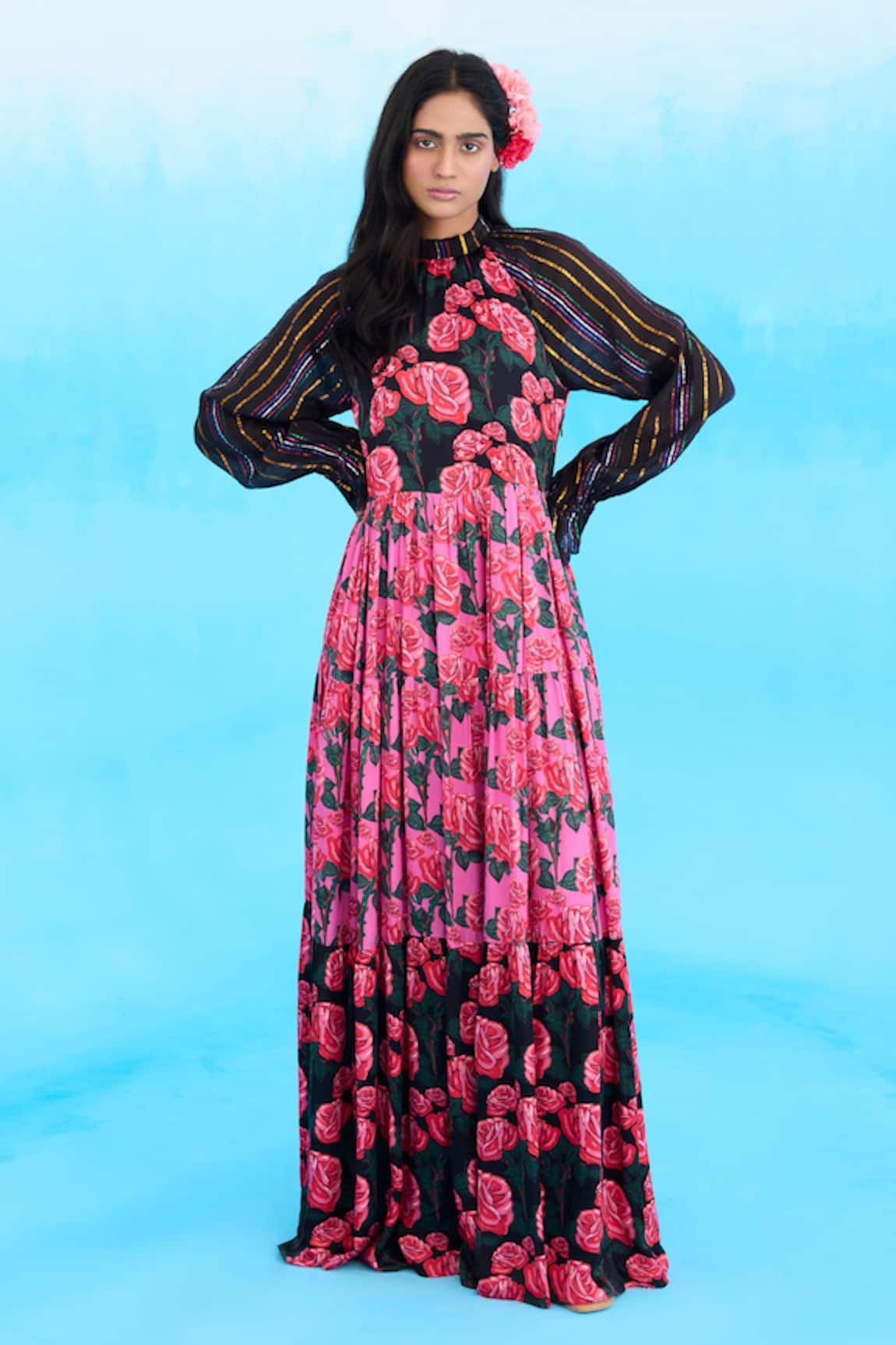 Nikasha Rose Print Tiered Maxi Dress