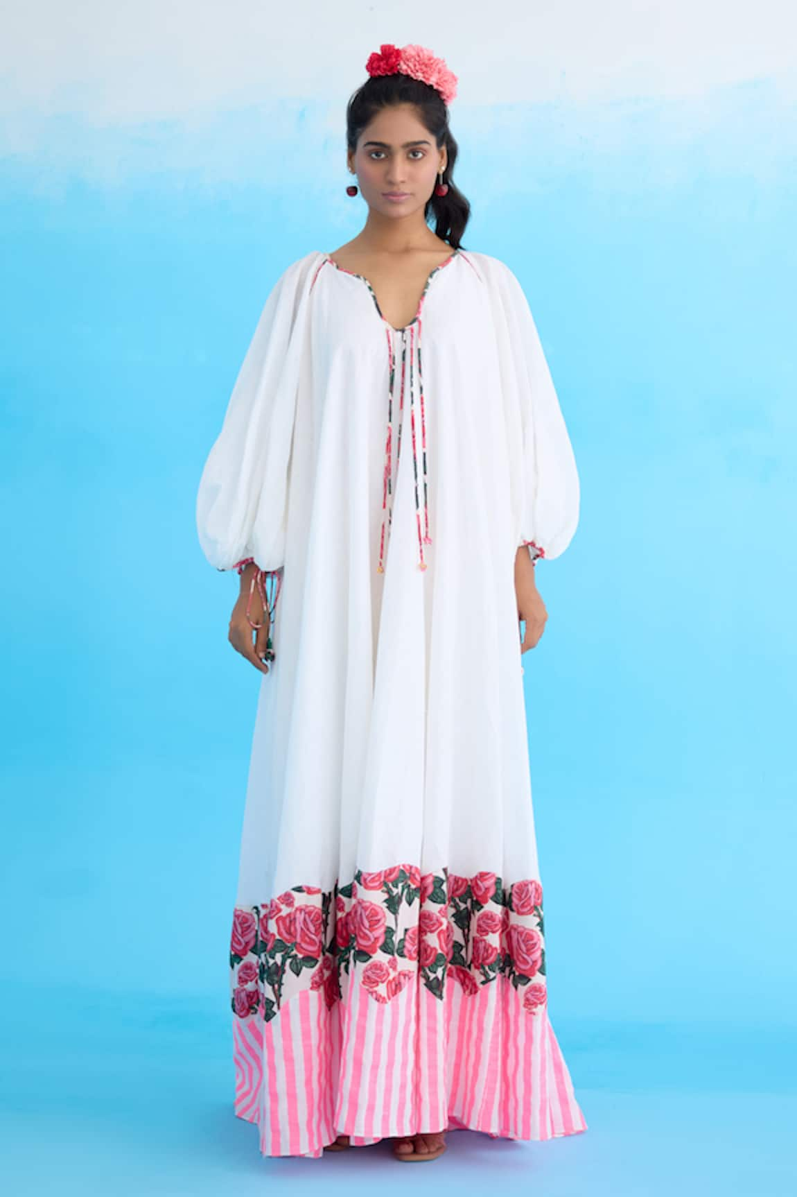 Nikasha Bubble Sleeve Cotton Linen Maxi Dress