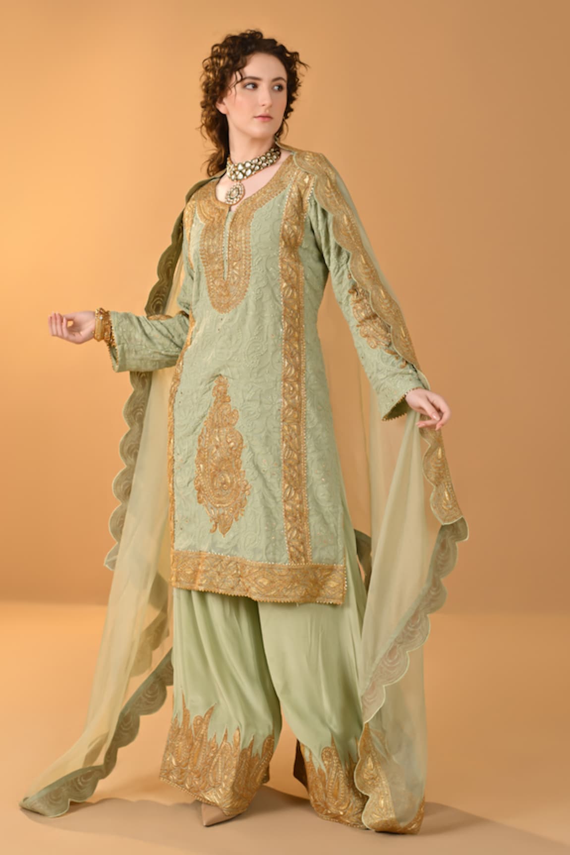 TULPALAV Kashmiri Tilla Embroidered Kurta Palazzo Set