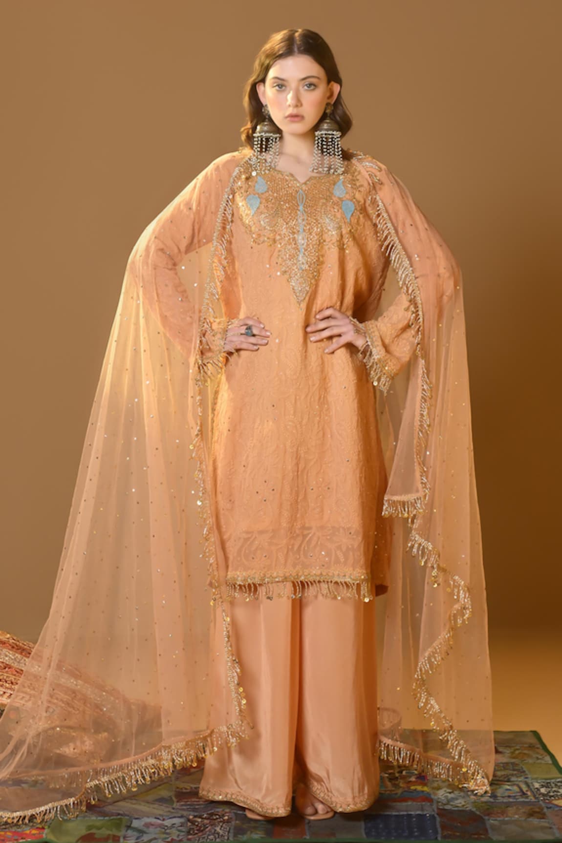 TULPALAV Chikankari Pheran Kurta Palazzo Set