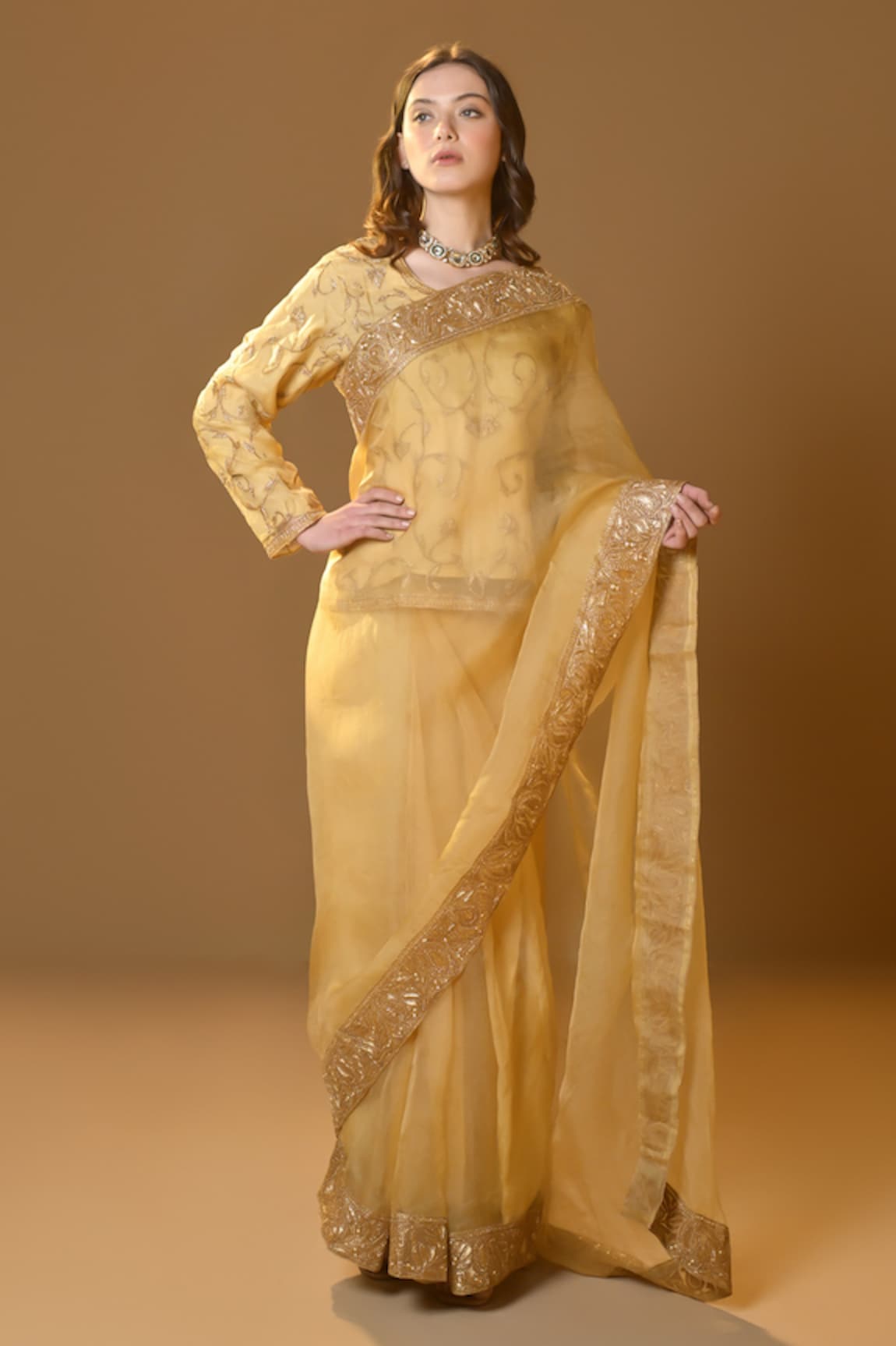 TULPALAV Kashmiri Tilla Work Pre-Draped Saree With Blouse