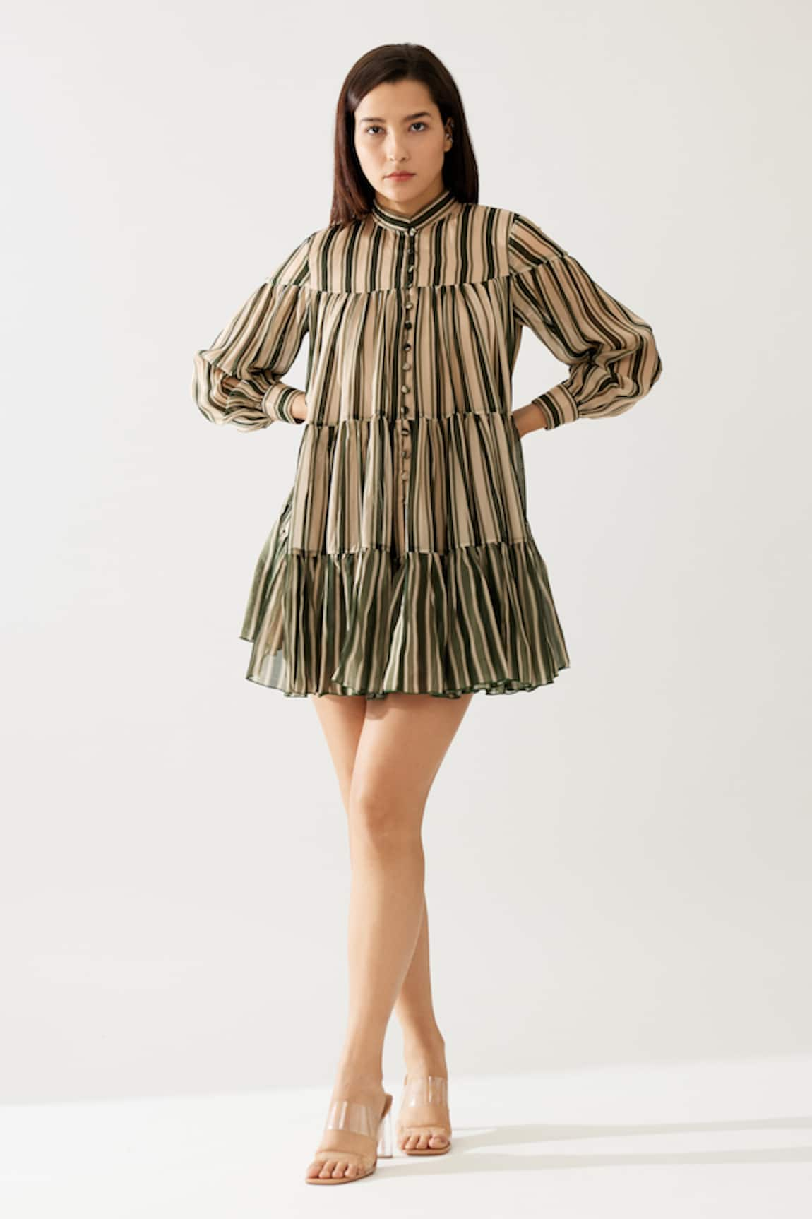 KoAi Stripe Print Tiered Dress