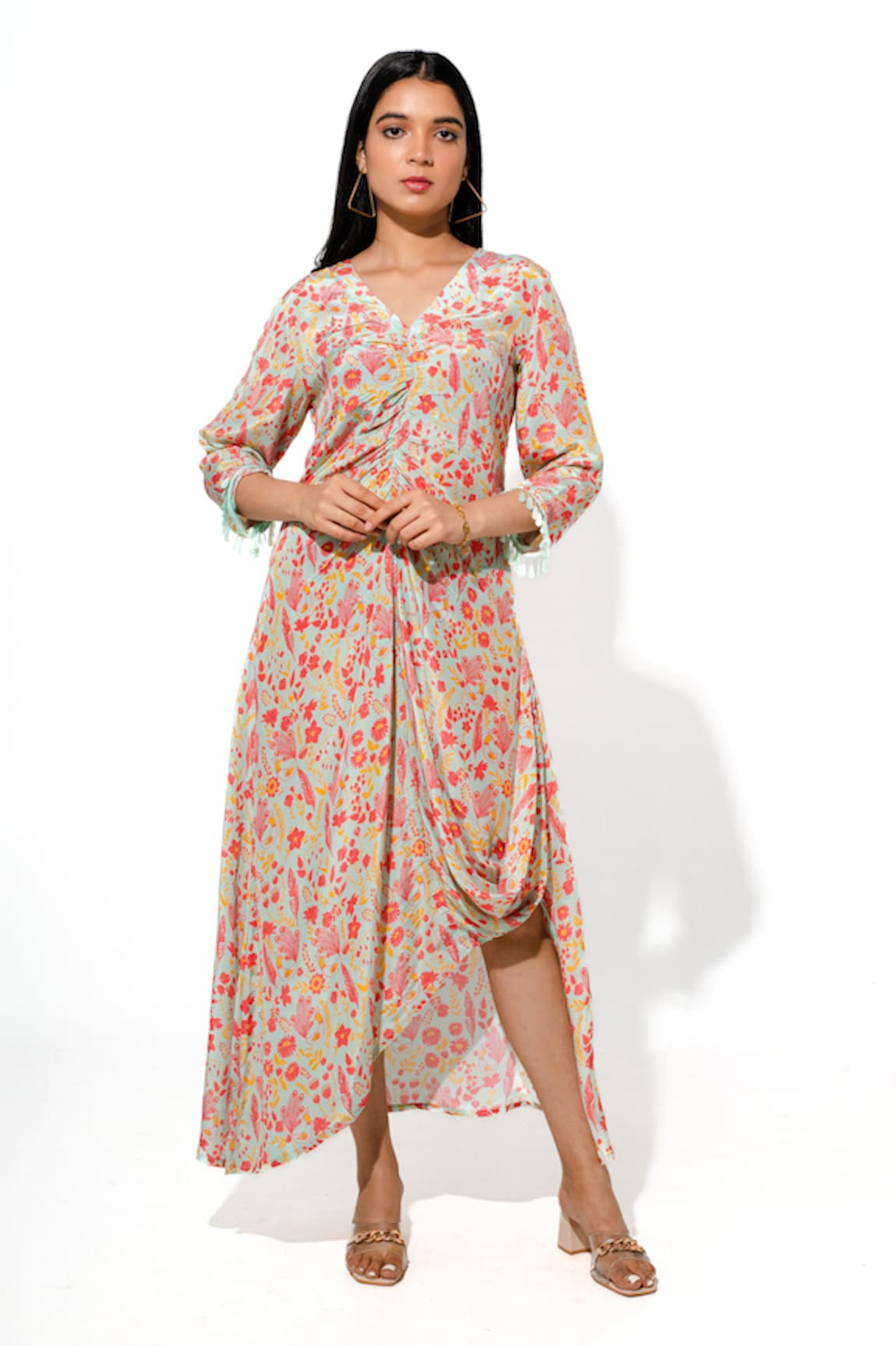 Megha Pitti Flower Cluster Print Cowl Draped Dress