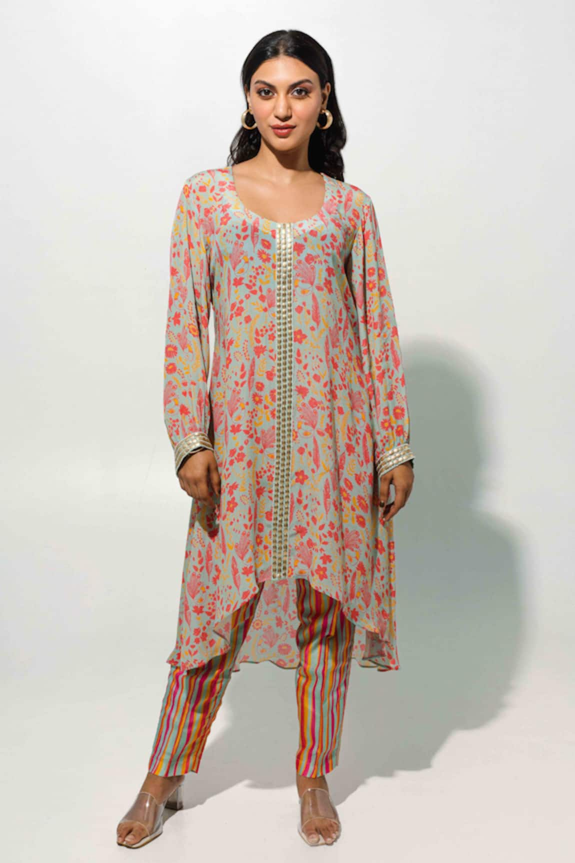 Megha Pitti Floral Print Asymmetric Hem Tunic With Pant