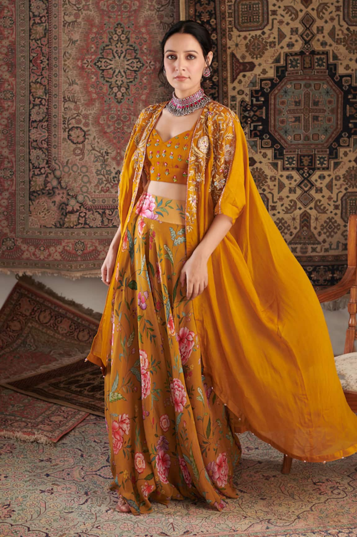 Negra Elegante Ameera Floral Pattern Cape Sharara Set