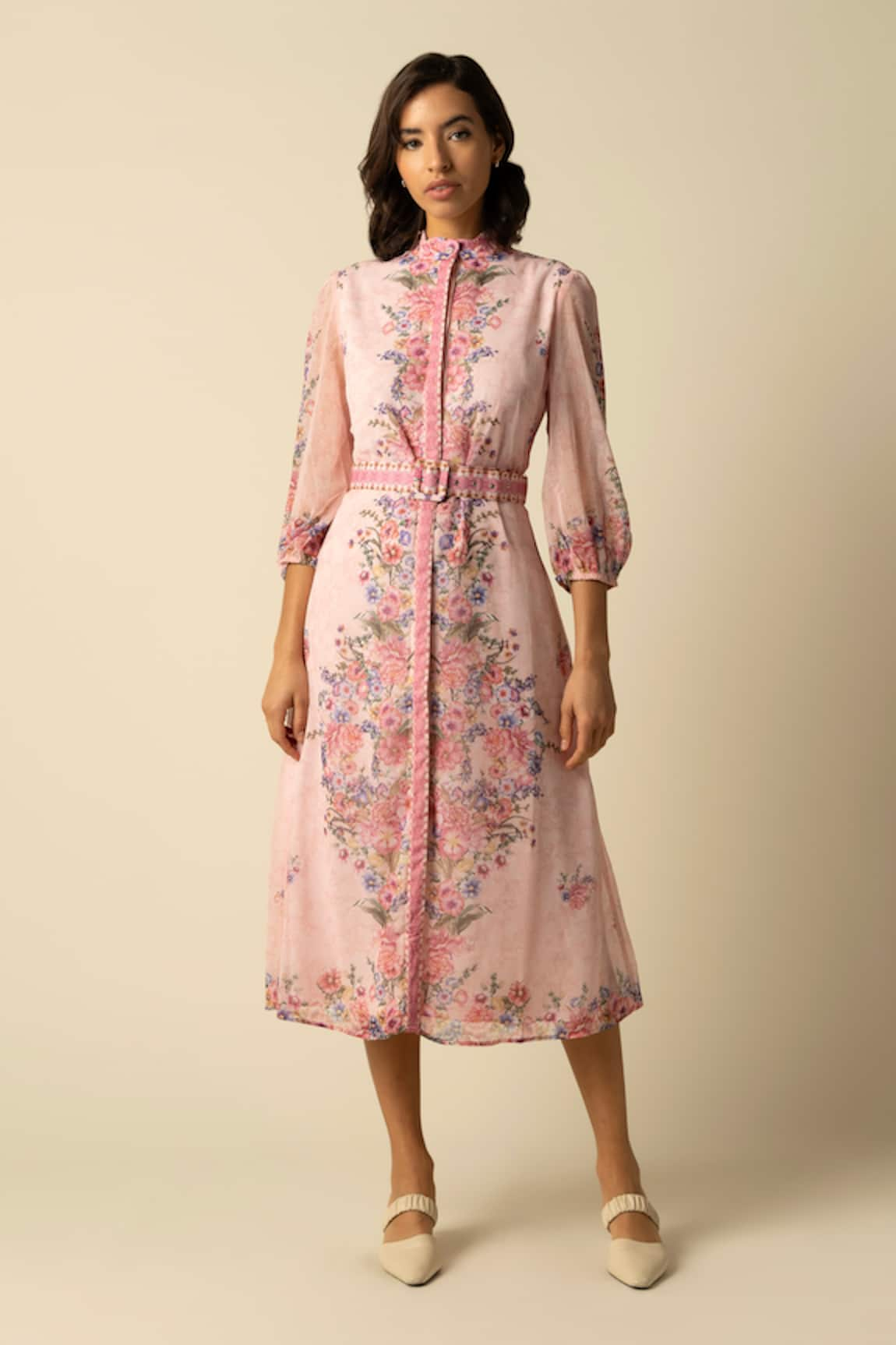 RAISHMA Rose Floral Print Dress With Belt