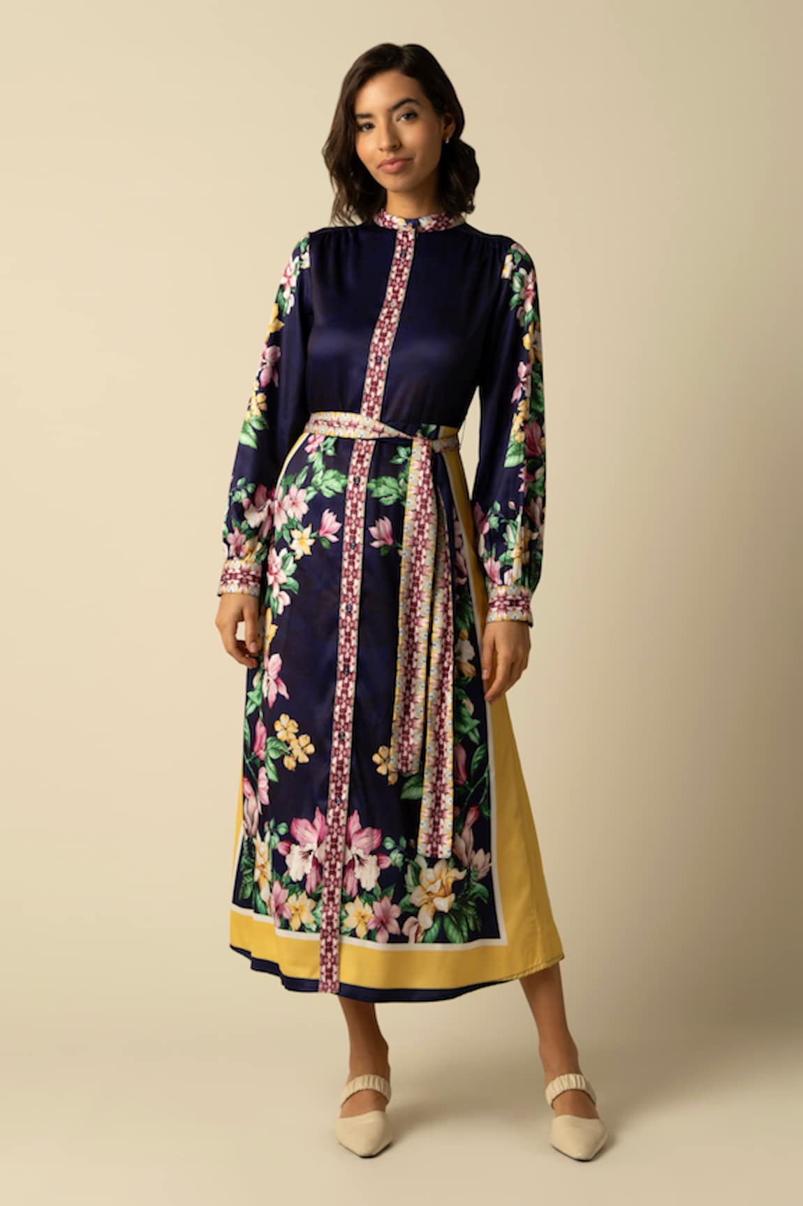 RAISHMA Kiara Floral Print Satin Dress With Belt