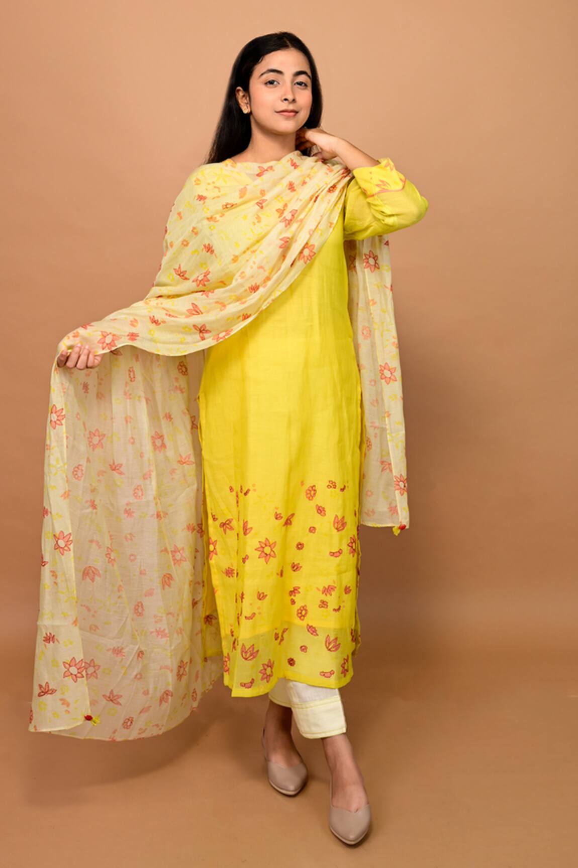 KKANYAAH Silk Floral Print Kurta Contrast Pant Set