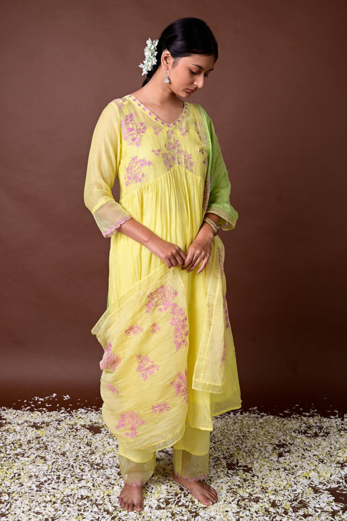 KKANYAAH Silk Threadwork Yoke Anarkali Pant Set