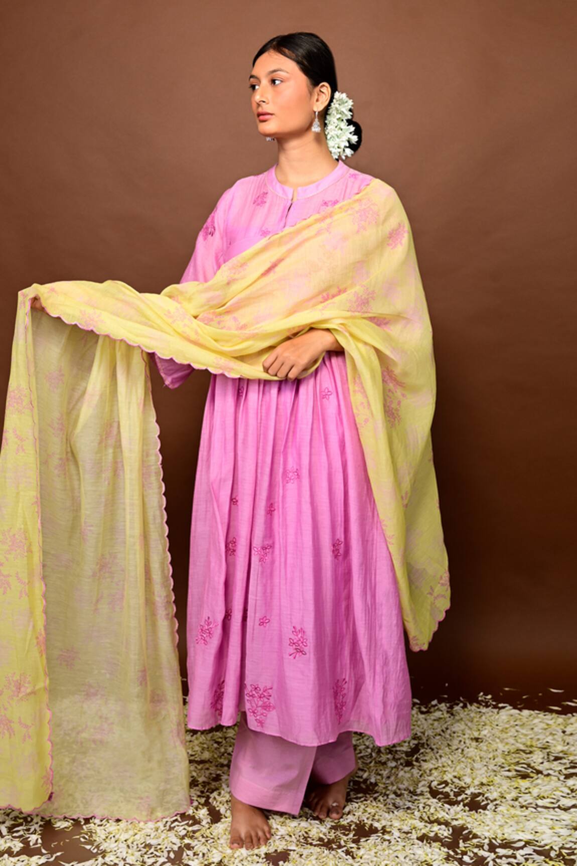 KKANYAAH Silk Floral Threadwork Anarkali Pant Set