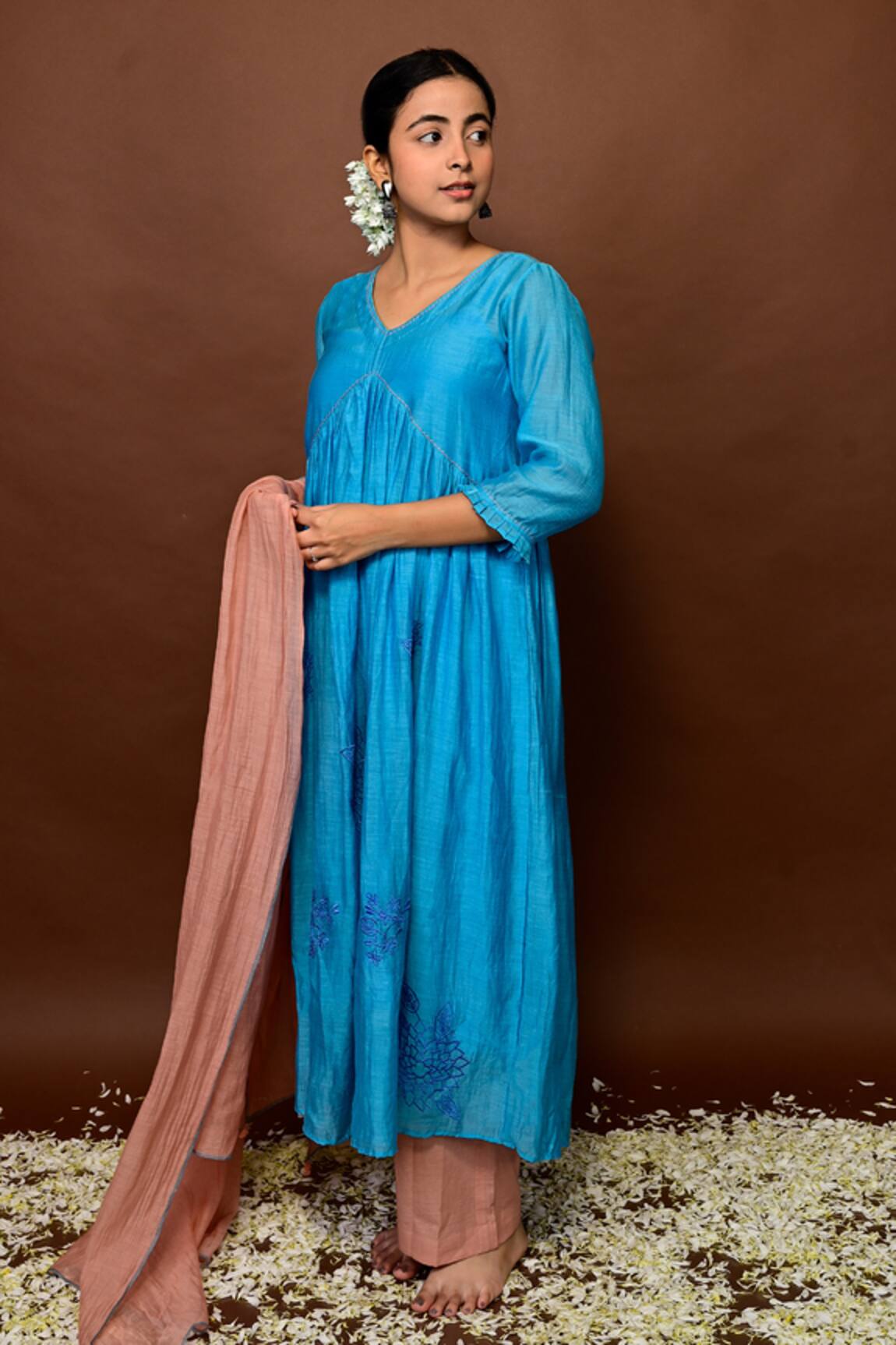 KKANYAAH Silk Threadwork Floral Anarkali Pant Set