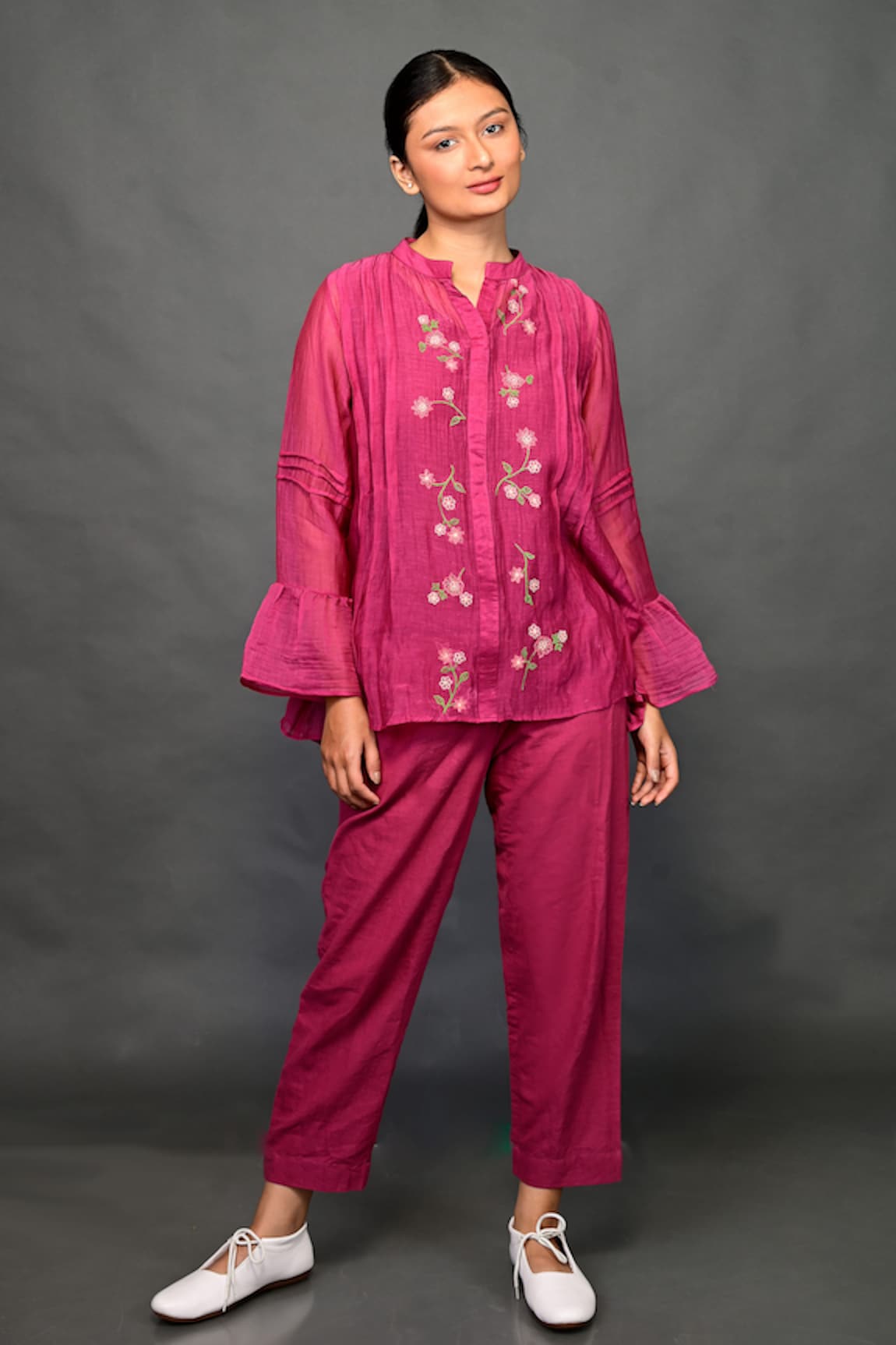 KKANYAAH Silk Floral Threadwork Top Pant Set