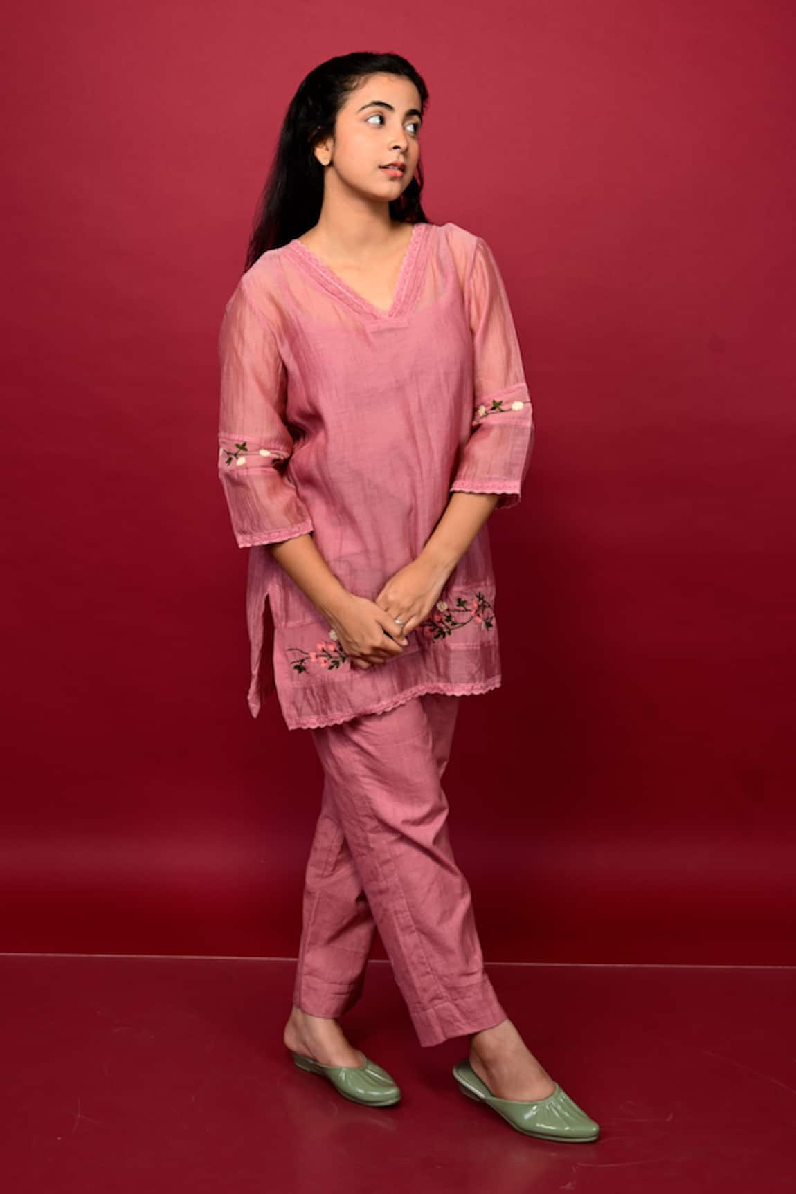 KKANYAAH Placed Floral Embroidered Top & Pant Co-ord Set