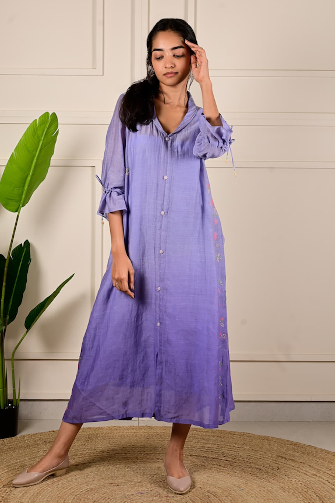 KKANYAAH Floral Embroidered Ombre Shirt Dress