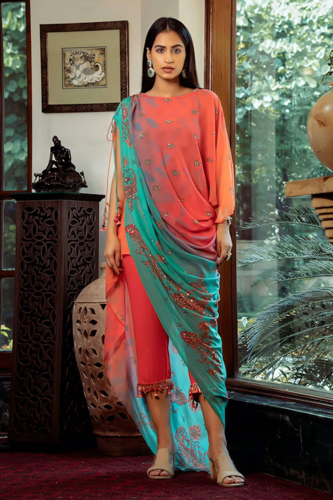 SHASHANK ARYA Printed Ombre Asymmetric Draped Kurta Pant Set