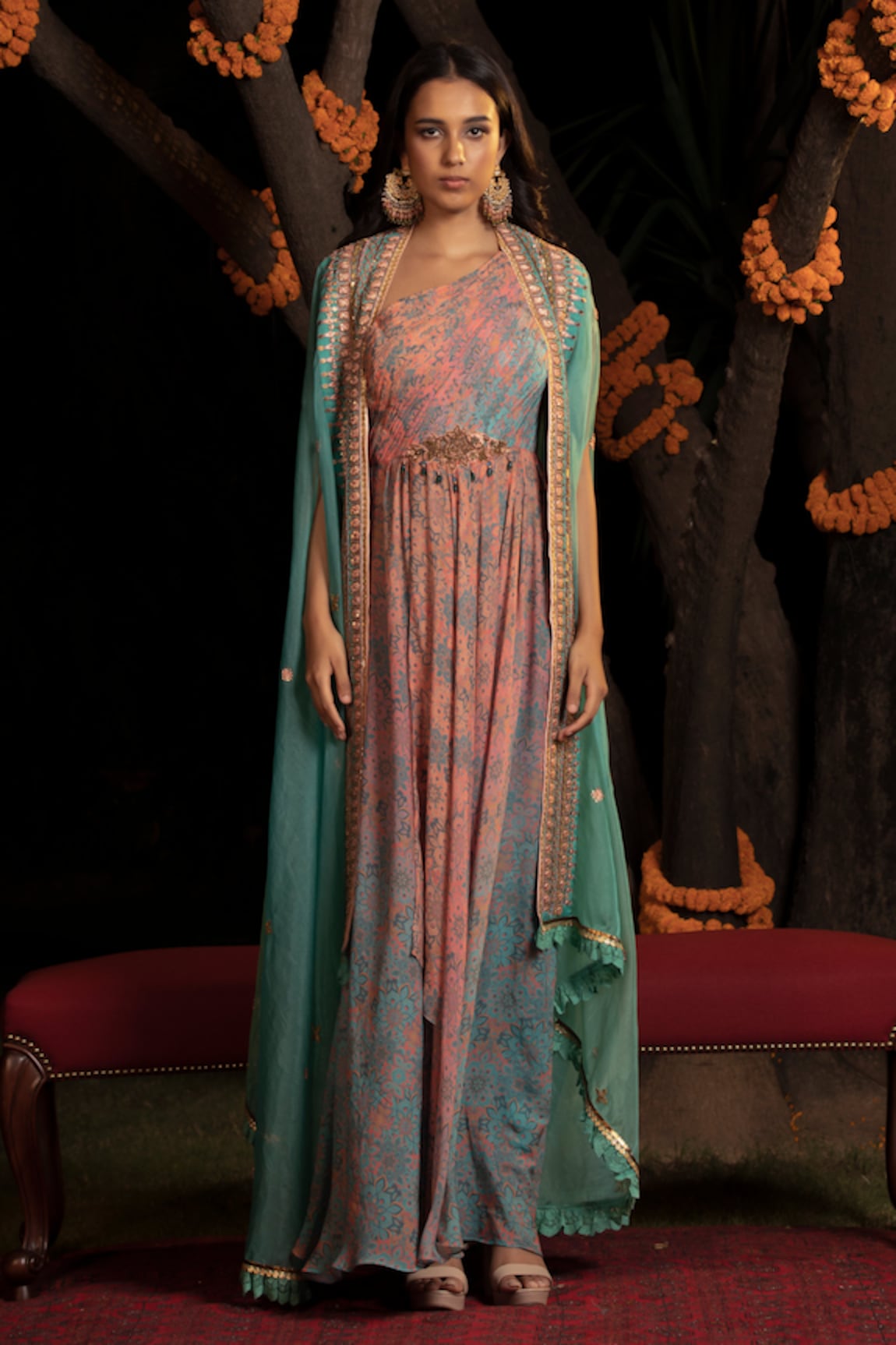 SHASHANK ARYA Embroidered Cape With Printed Draped Anarkali