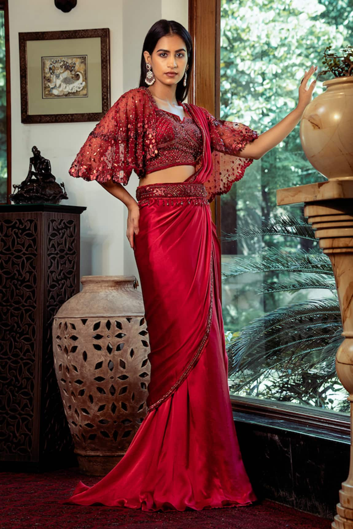 SHASHANK ARYA Pre-Draped Saree With Hand Embroidered Cape Blouse