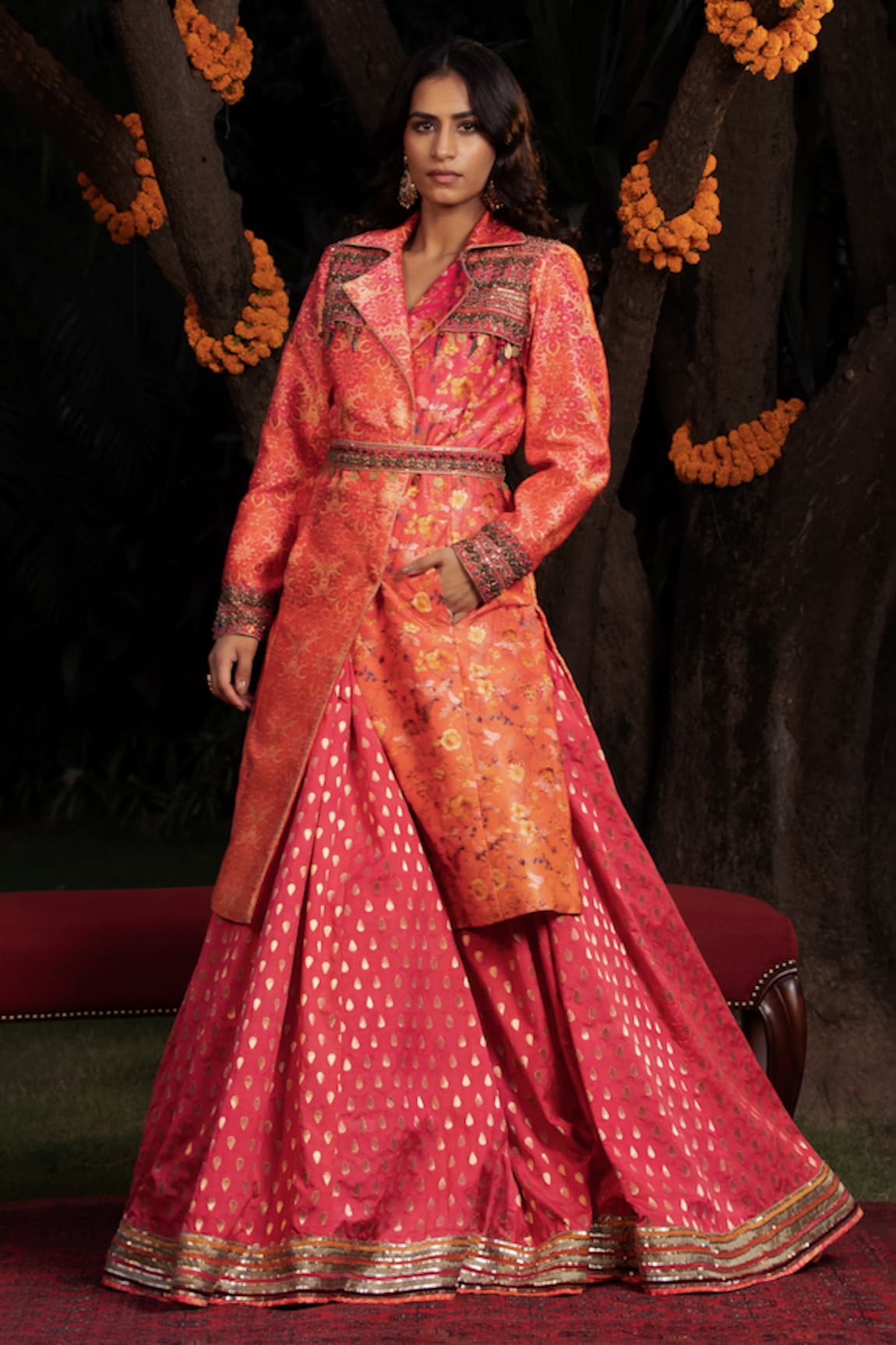 SHASHANK ARYA Floral Print Ombre Overcoat & Skirt Set