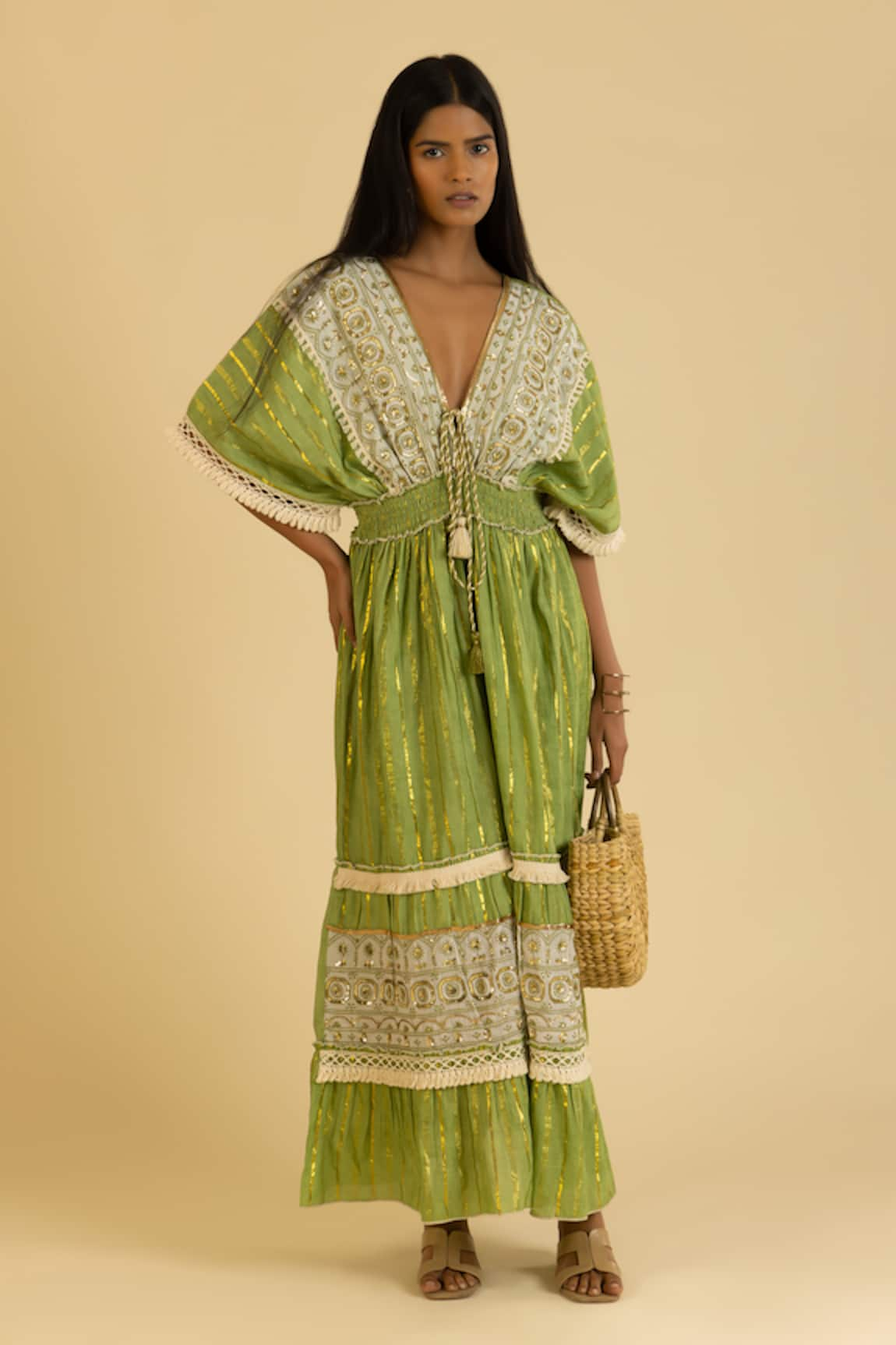 Label Reyya Stripe Pattern Embellished Kaftan