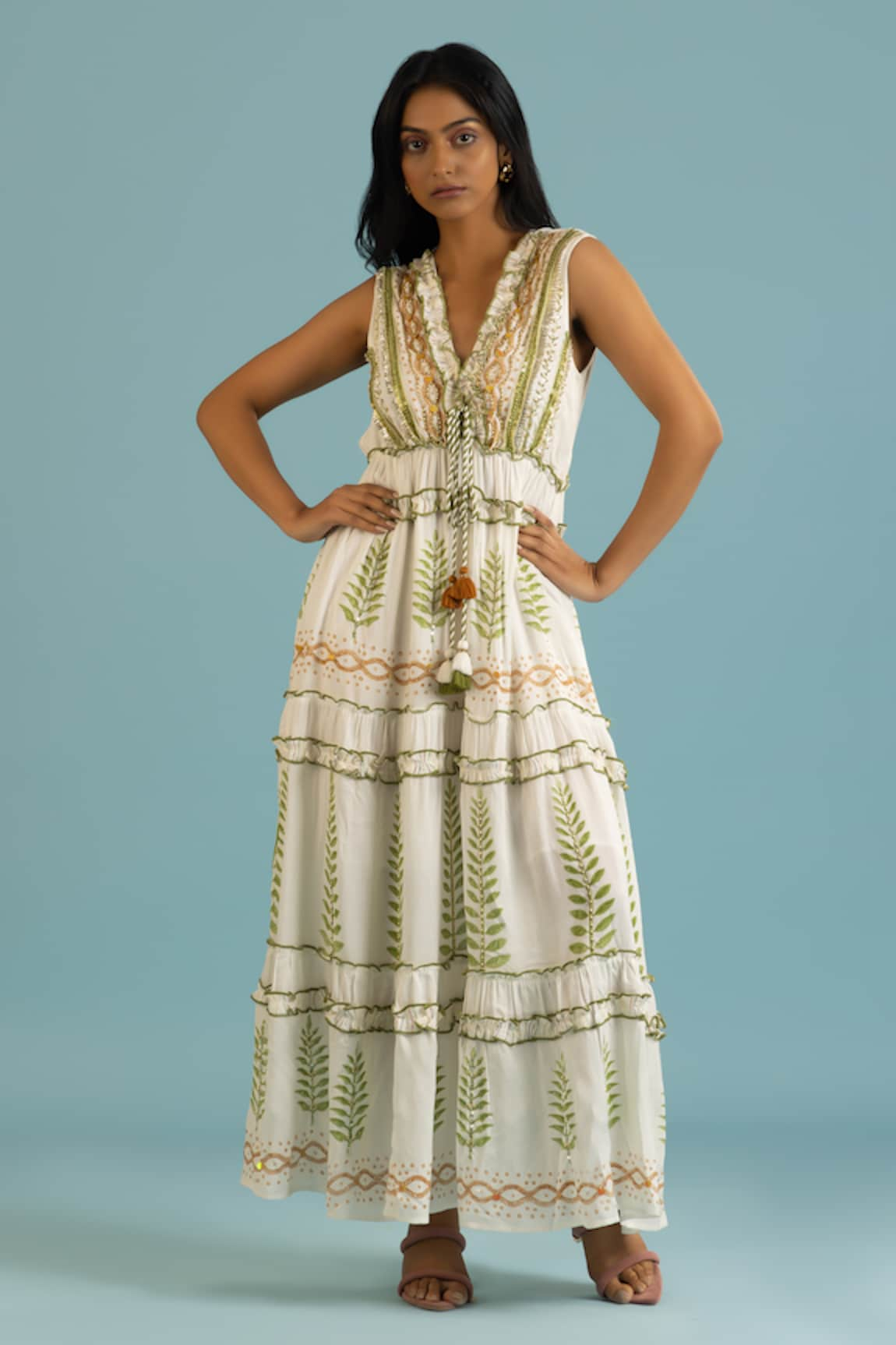 Label Reyya Leaf Block Print Tiered Gown