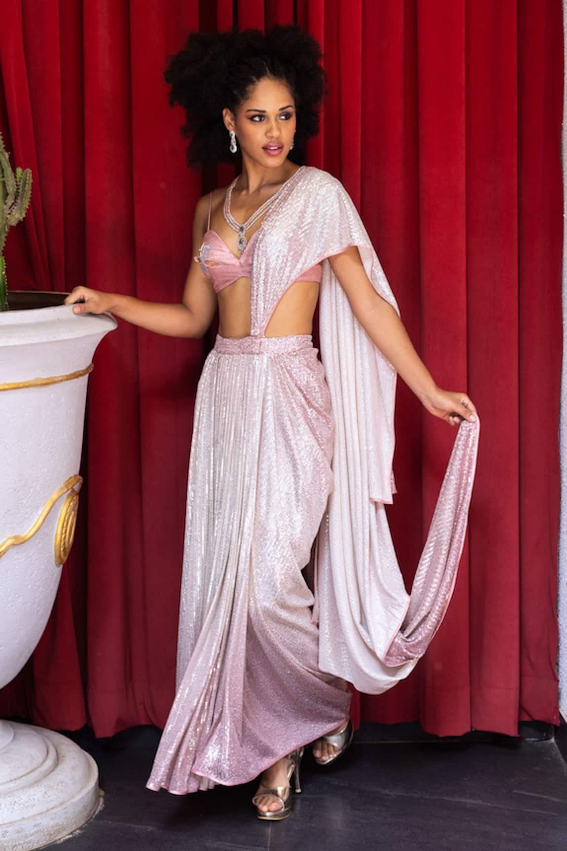 Pooja Bagaria Rose Martini Sequin Work Draped Skirt Set