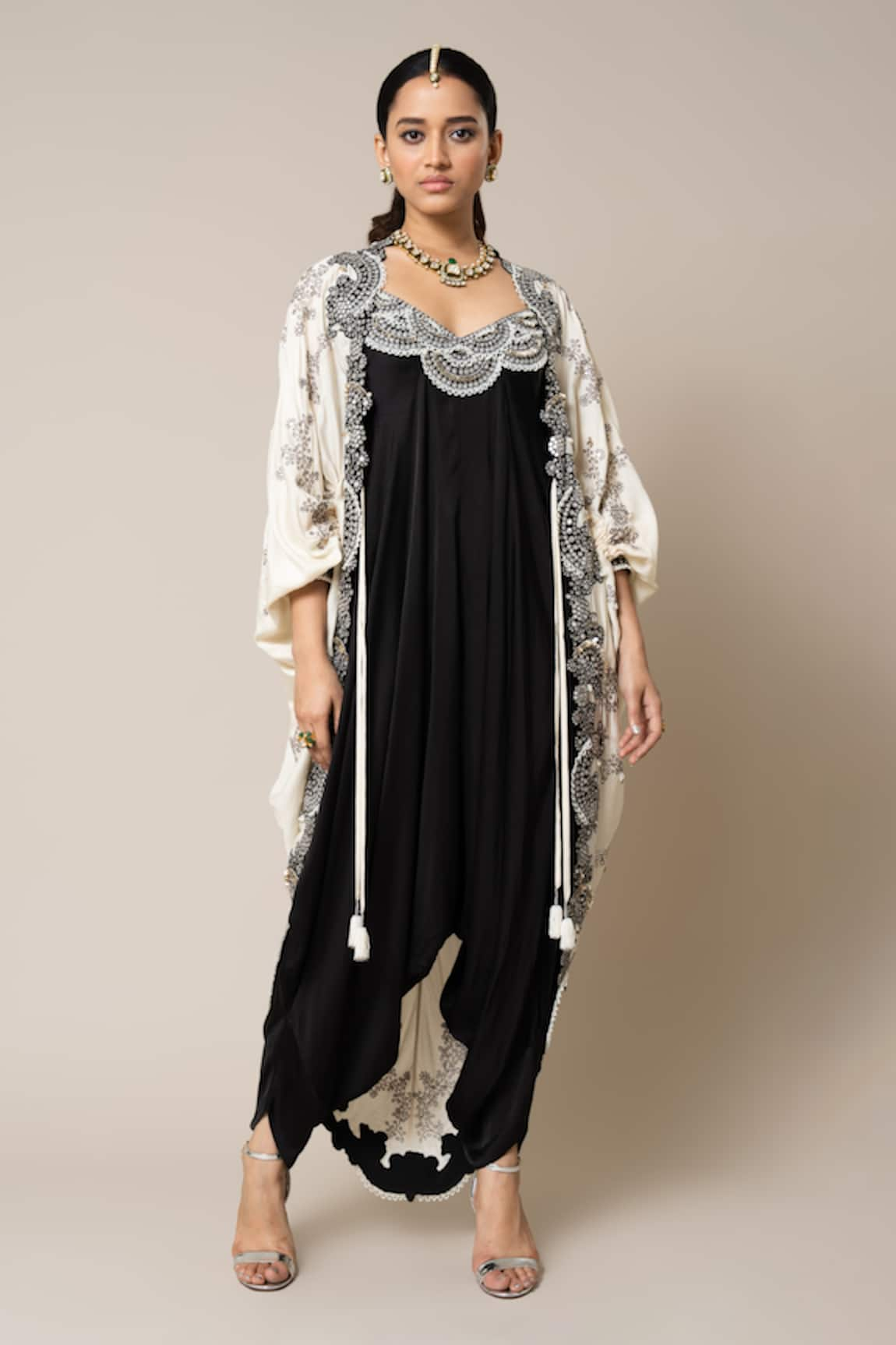 Nupur Kanoi Hand Embroidered Cape With Black Jumpsuit