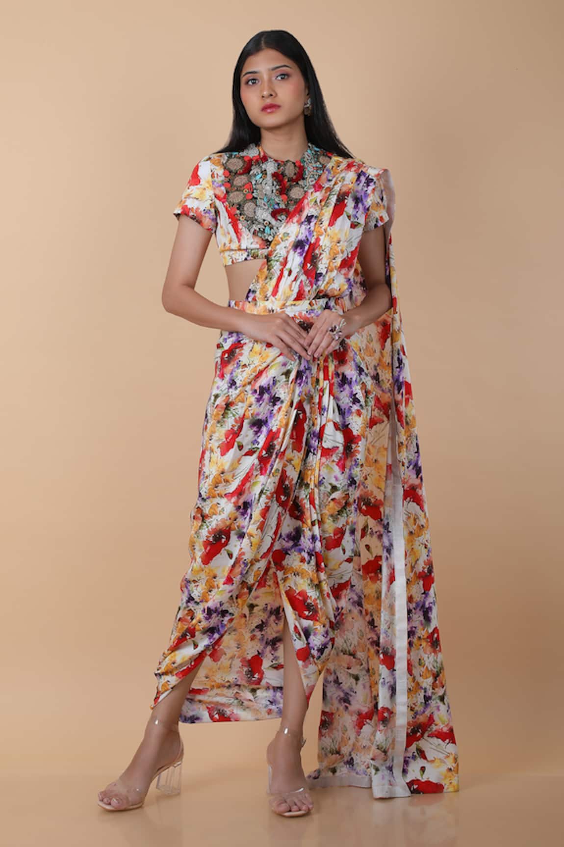 Anamika Khanna Floral Print Draped Dhoti Saree With Embroidered Blouse