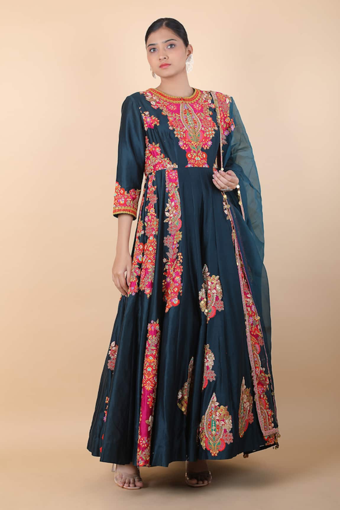 Debyani + Co Floral Embroidered Anarkali With Dupatta