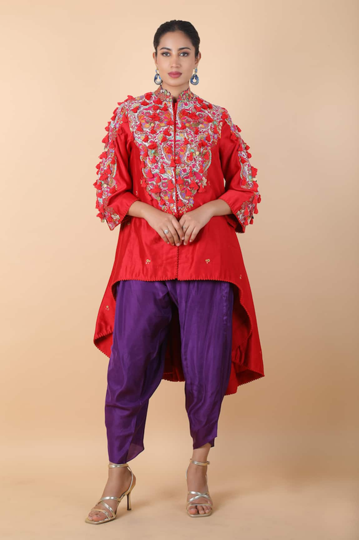 Debyani + Co Floral Embroidered Asymmetric Tunic With Dhoti Pant