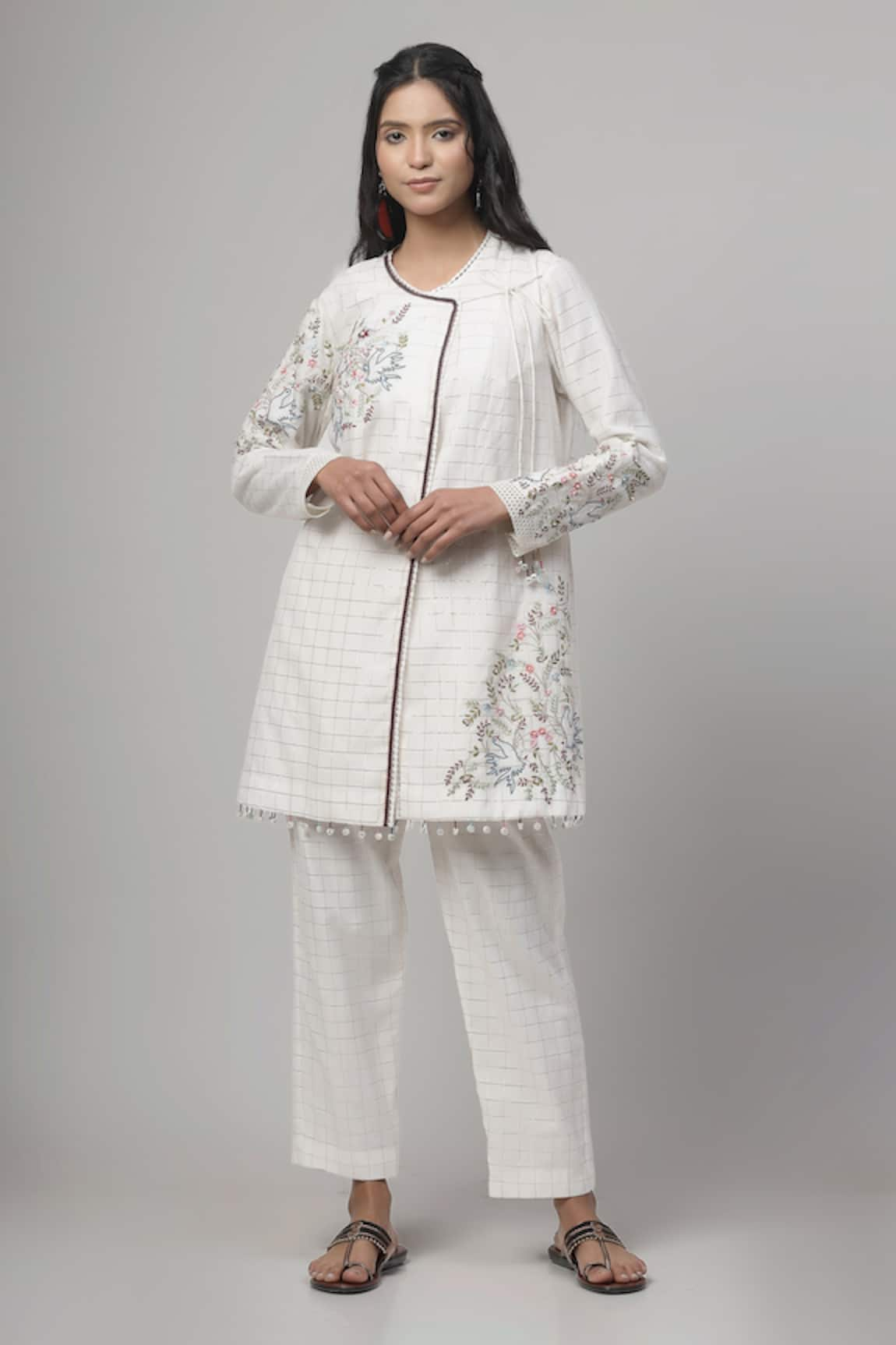 Kushani Self Checkered Gardenia Embroidered Jacket With Pant