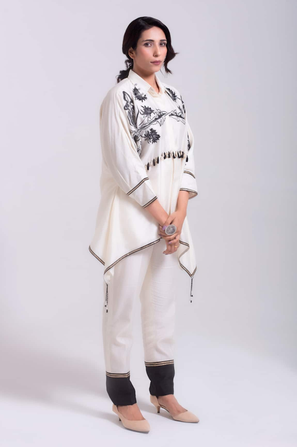 Kushani Gardenia Applique Embroidered Asymmetric Shirt With Pant