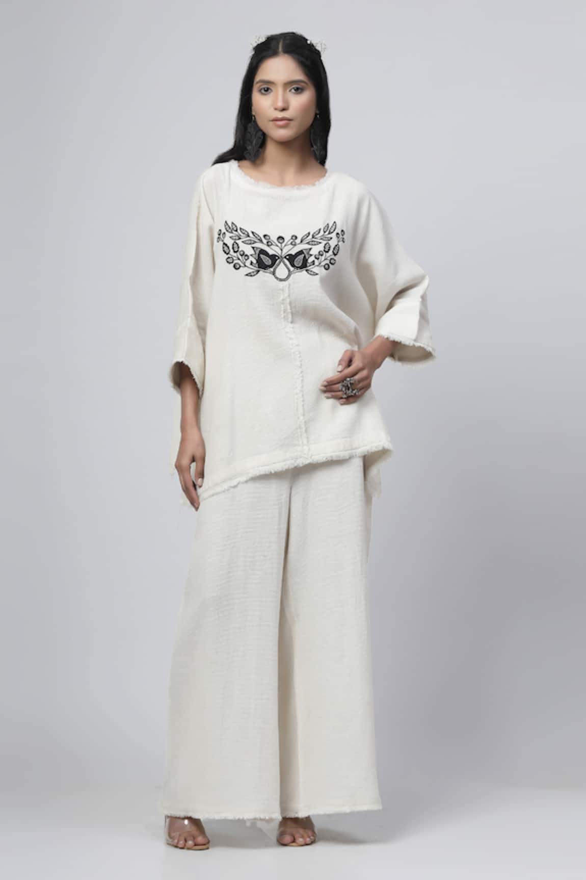 Kushani Bird Bliss Applique Embroidered Kaftan Top With Palazzo Pant