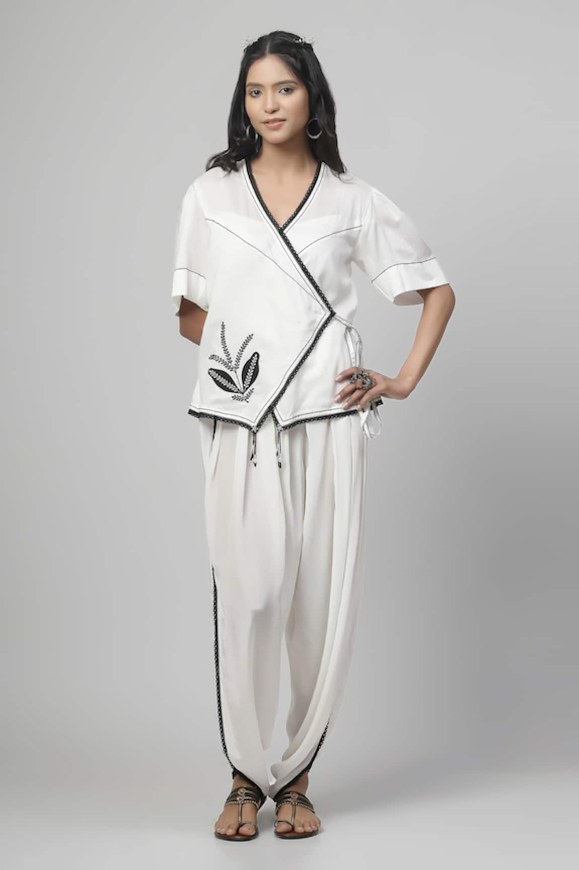 Kushani Plume Applique Embroidered Wrap Top With Tulip Pant
