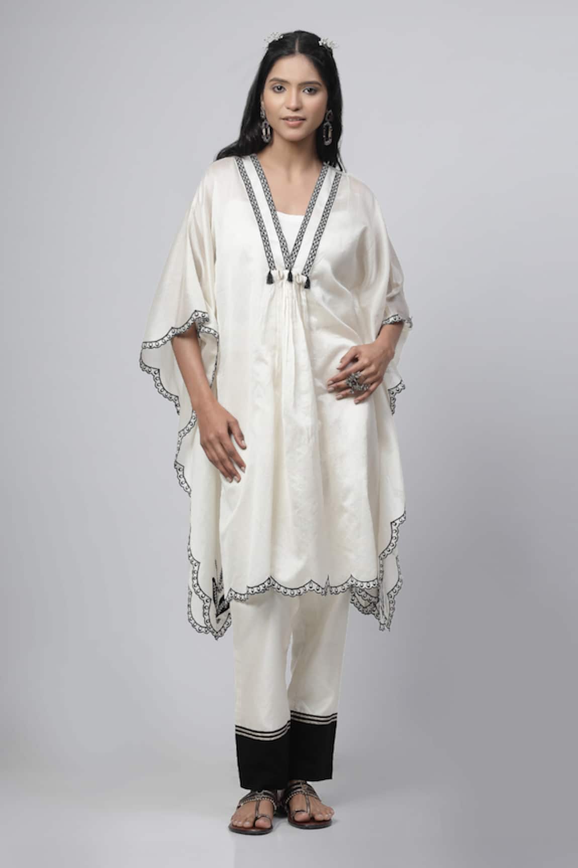Kushani Scallop Bloom Embroidered Kaftan Tunic Pant Set
