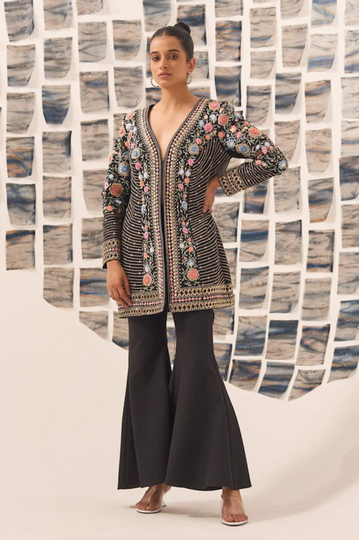 Detales Thread Embroidered Jacket With Flared Pant