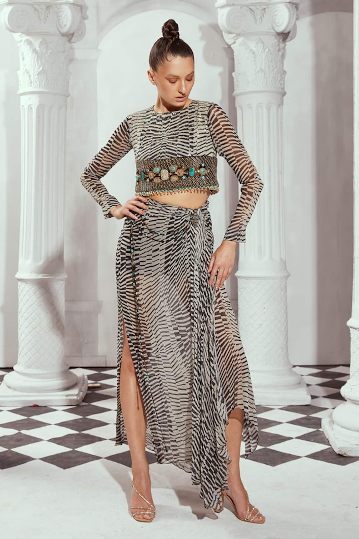 Nikita Mhaisalkar Checkered Embellished Top With Draped Skirt