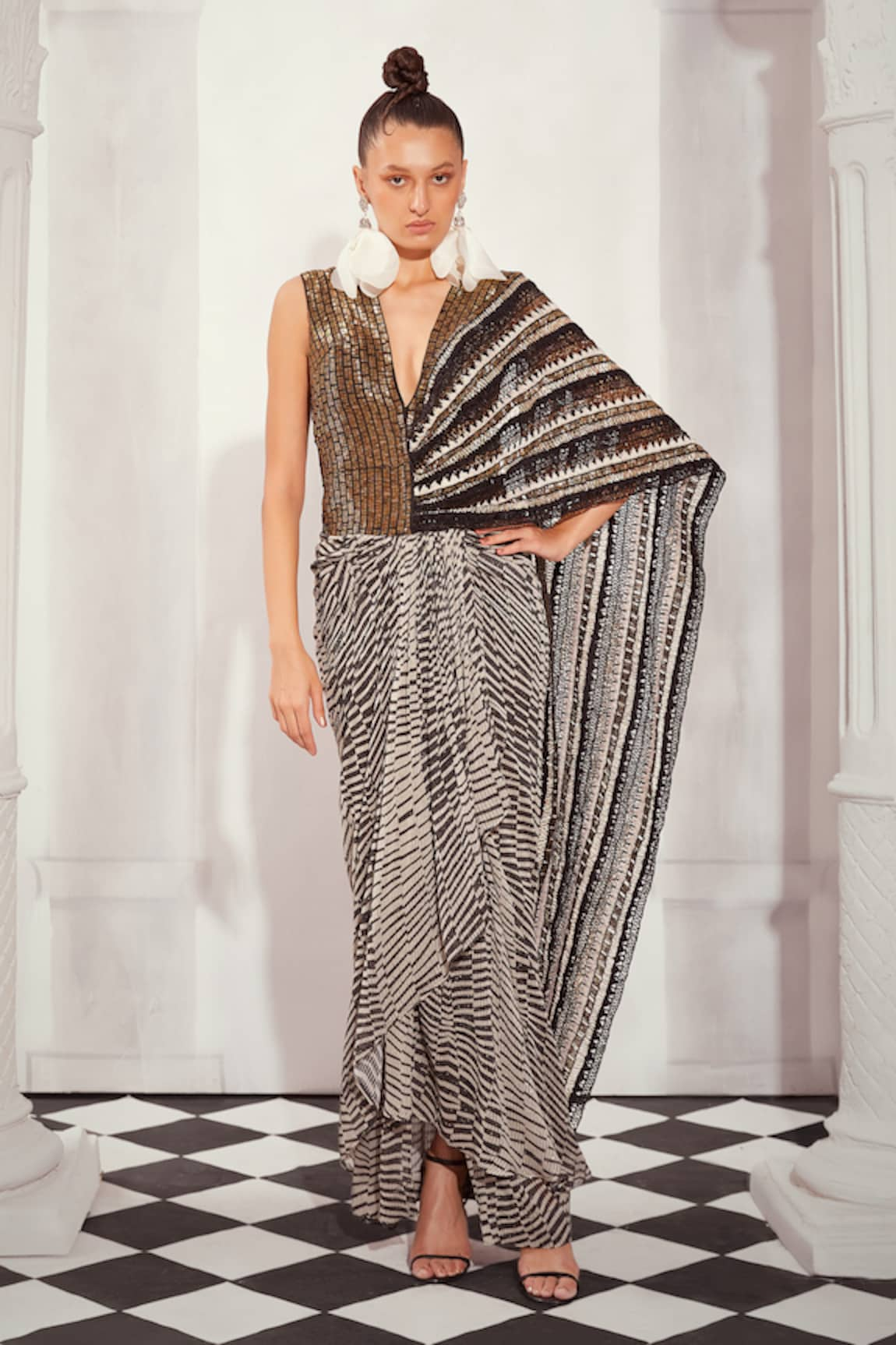 Nikita Mhaisalkar Checkered Print Bead Embellished Saree Gown