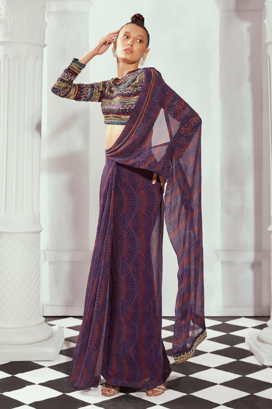 Nikita Mhaisalkar Greek Art Print Pre-Draped Saree