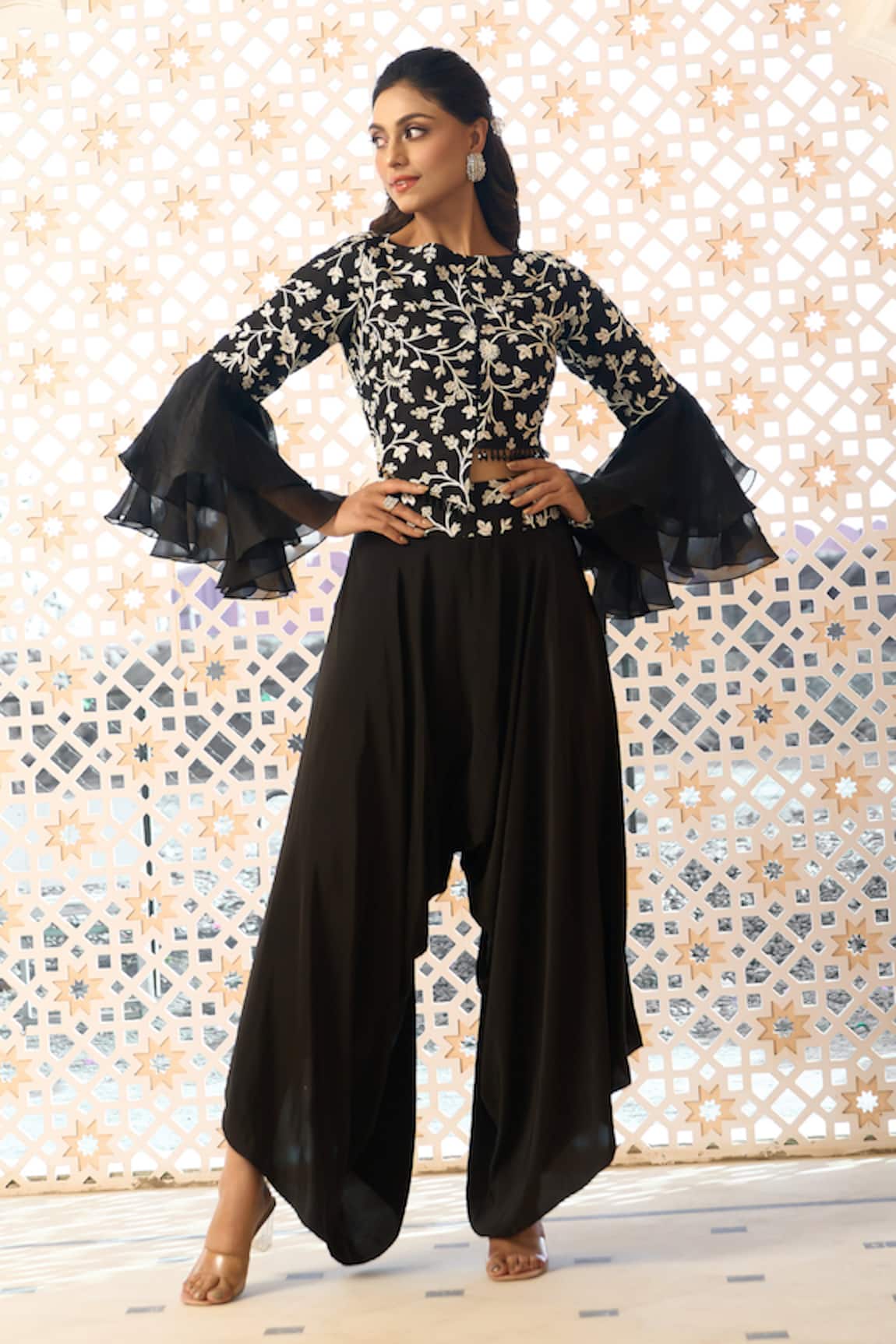 Aariyana Couture Floral Jaal Embroidered Jacket Top & Pant Set