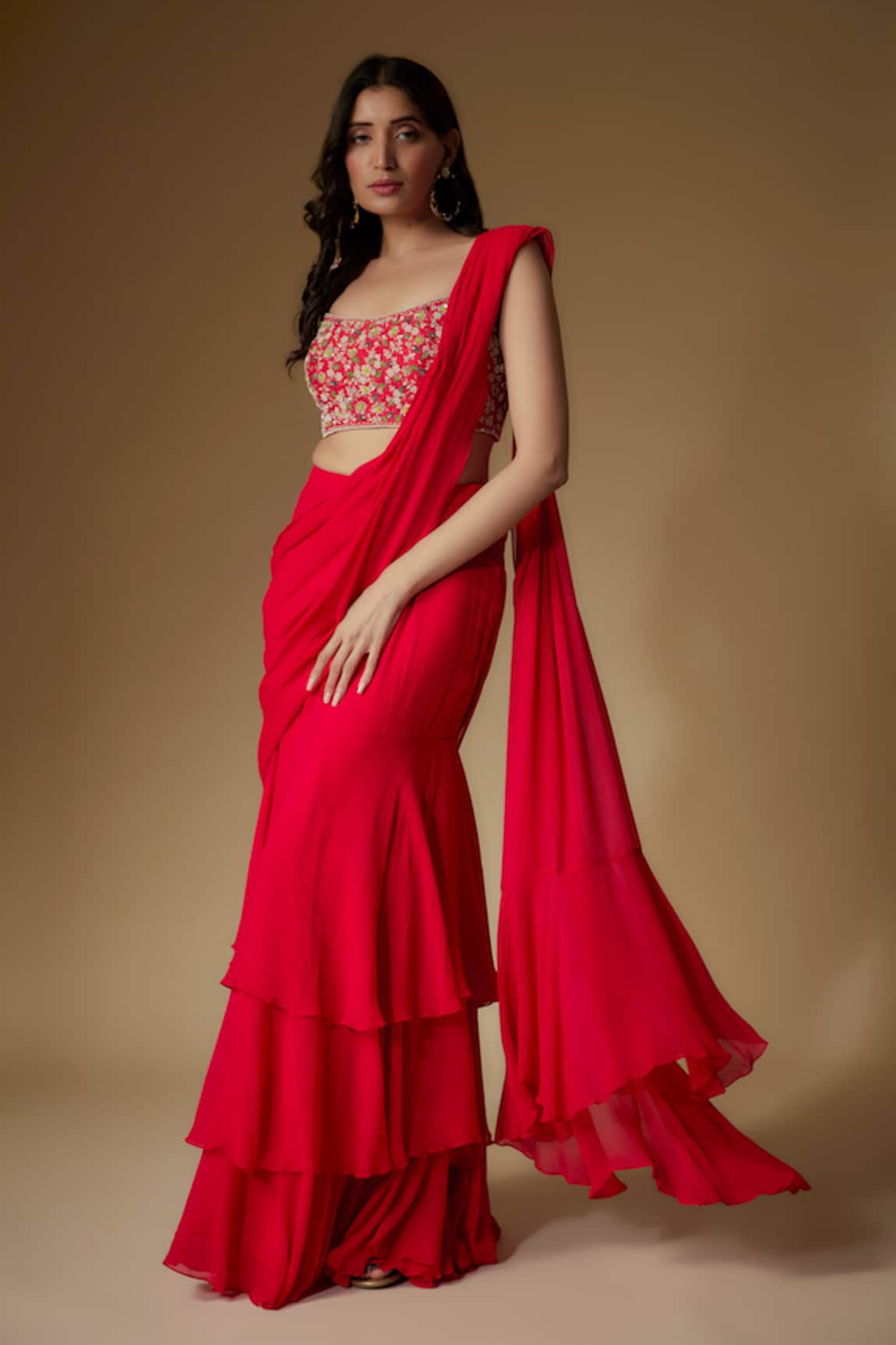 MAISOLOS Pre-Draped Tiered Saree With Embroidered Blouse 