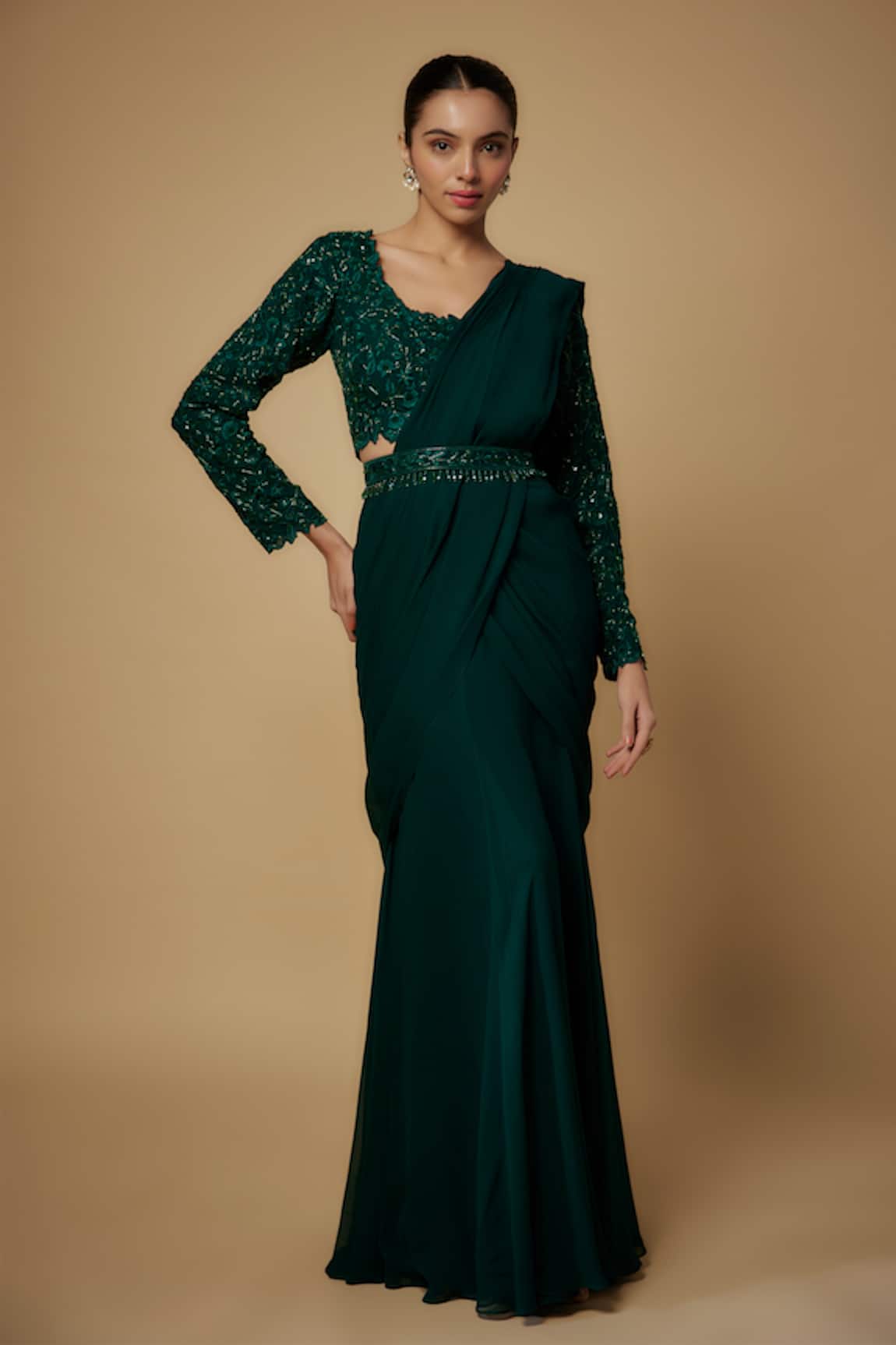 MAISOLOS Plain Pre-Draped Saree With Cutwork Embroidered Blouse 