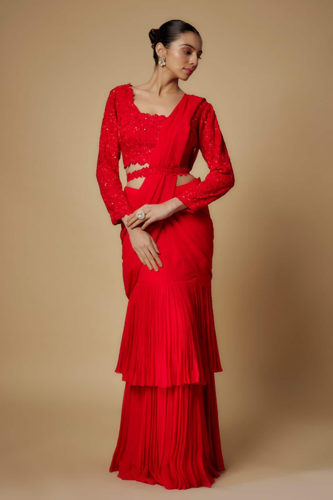 MAISOLOS Pleated Tiered Saree With Embroidered Blouse 