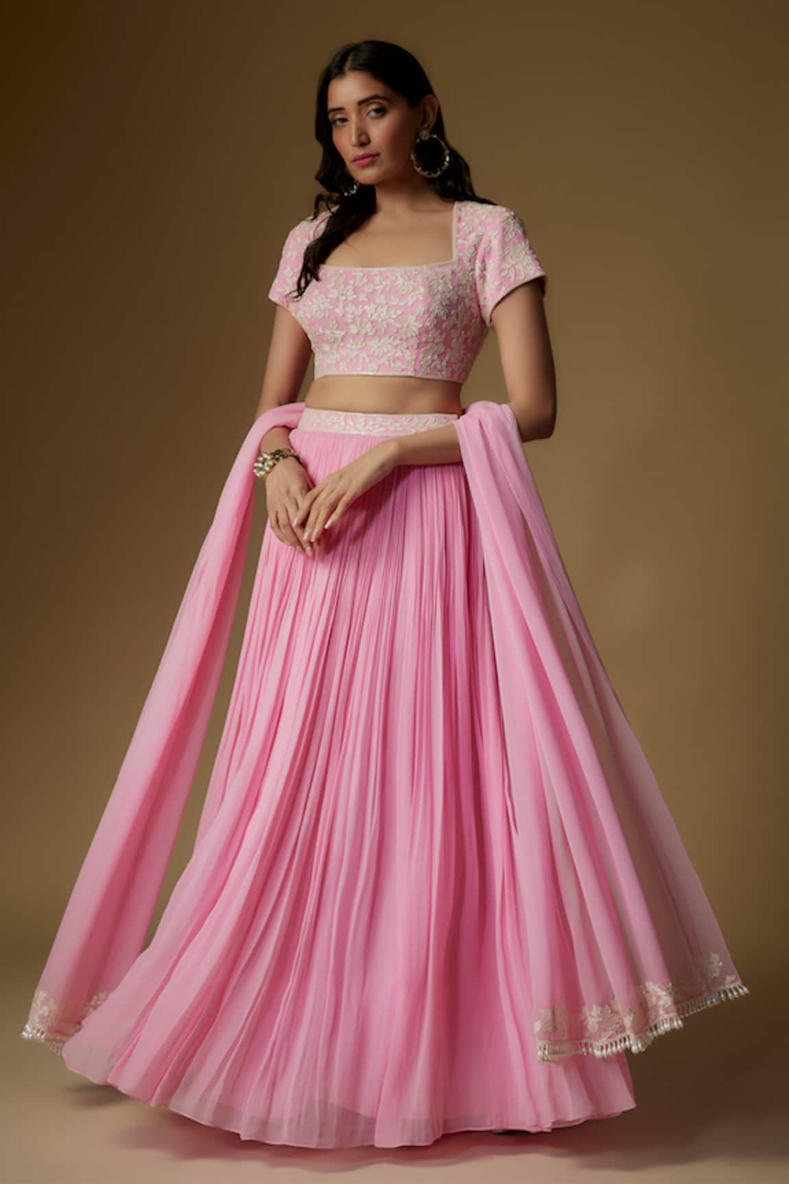 MAISOLOS Blossom Embroidered Blouse Pleated Lehenga Set