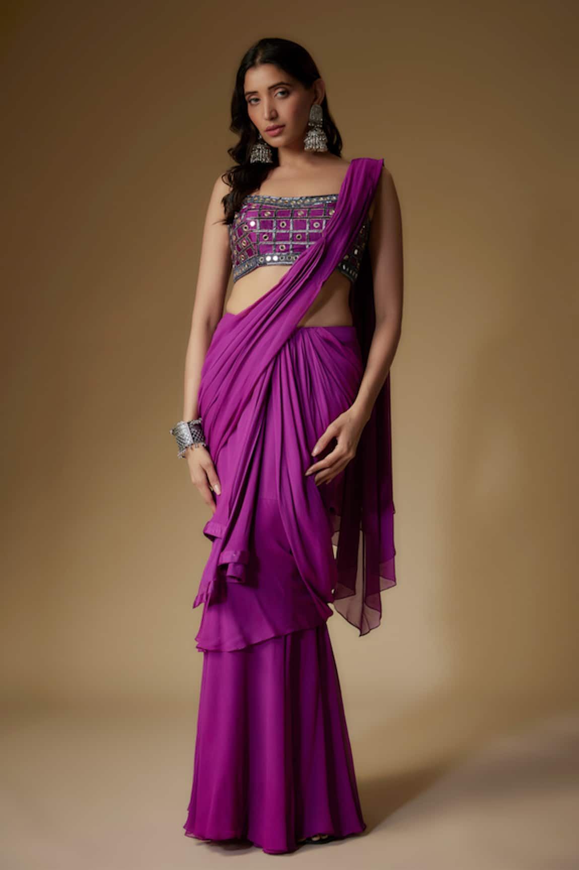 MAISOLOS Pre-Draped Saree With Geometric Work Blouse