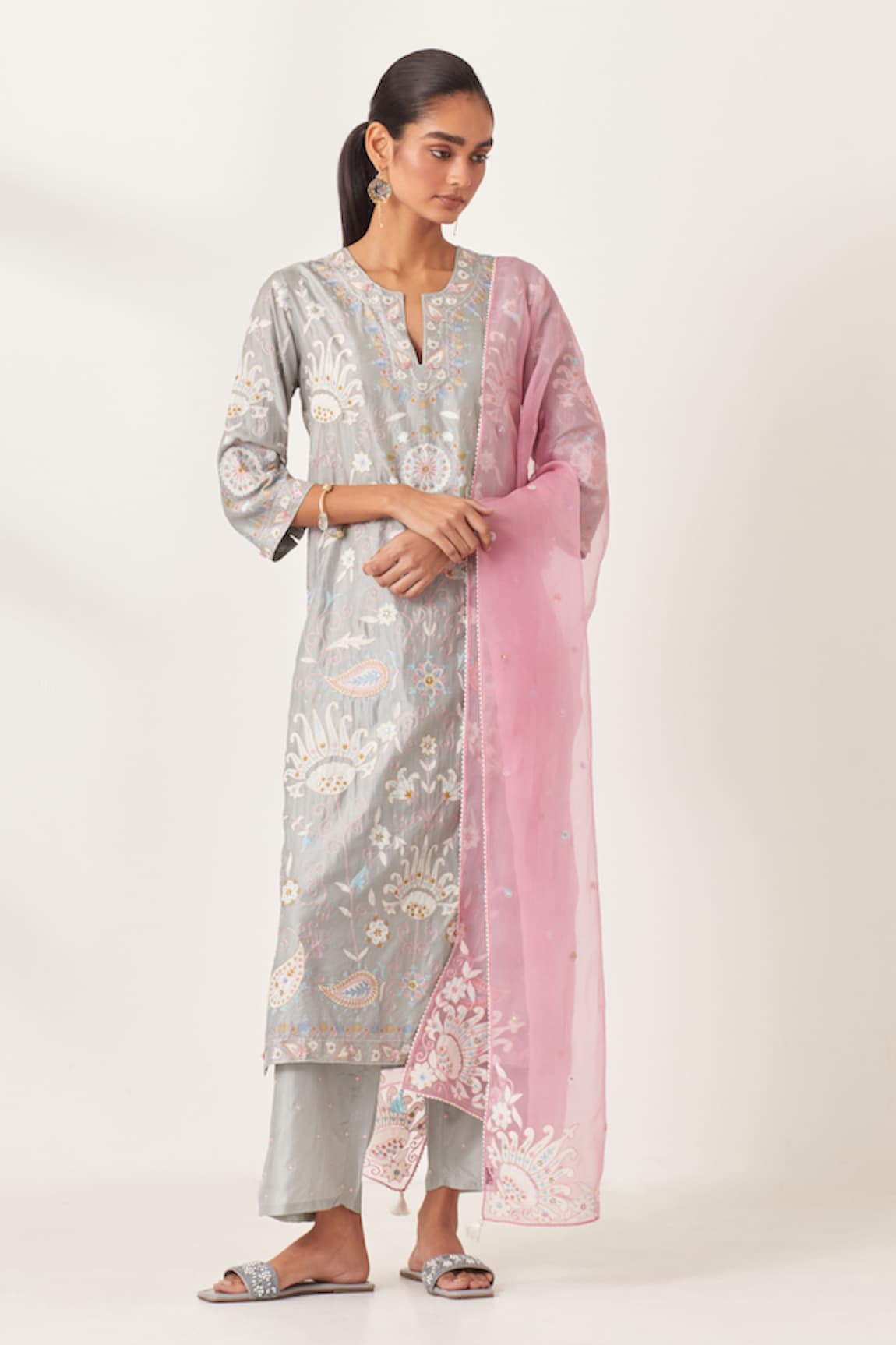 KORA Floral Applique Work Kurta Pant Set