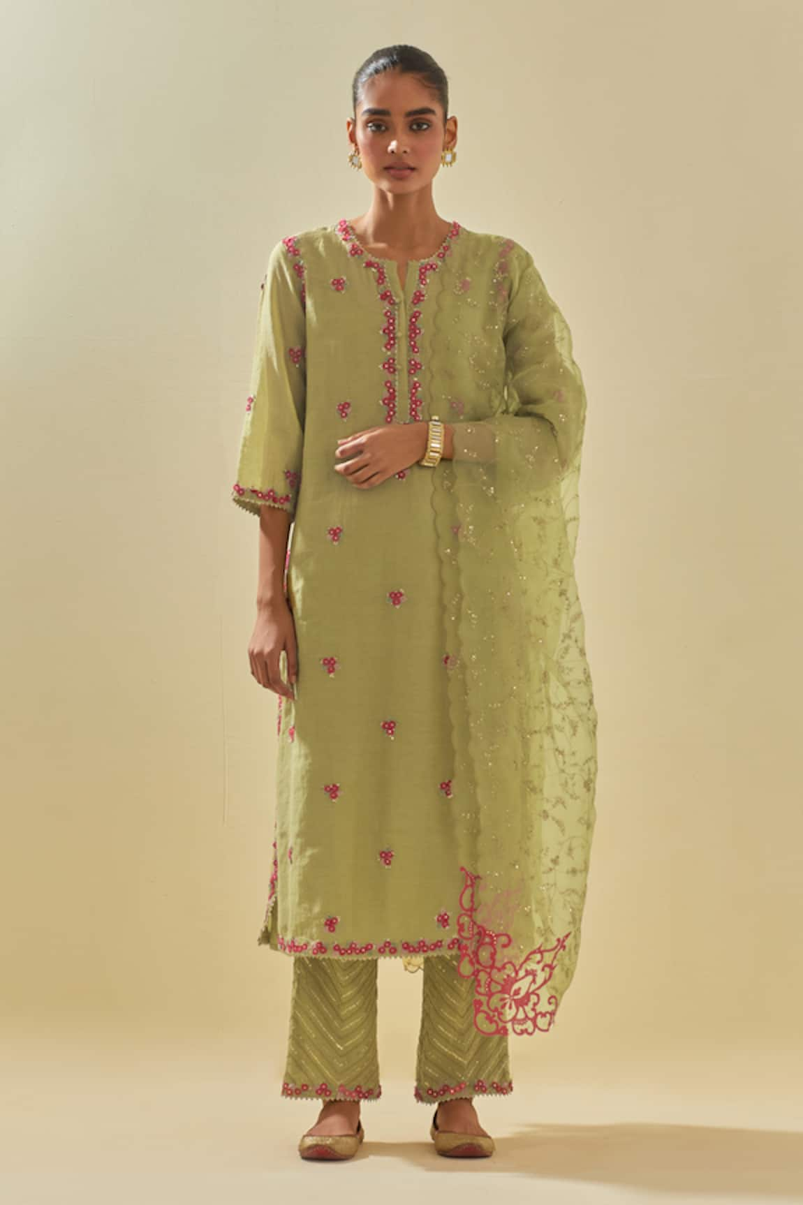 KORA Floral Applique Embellished Kurta Pant Set