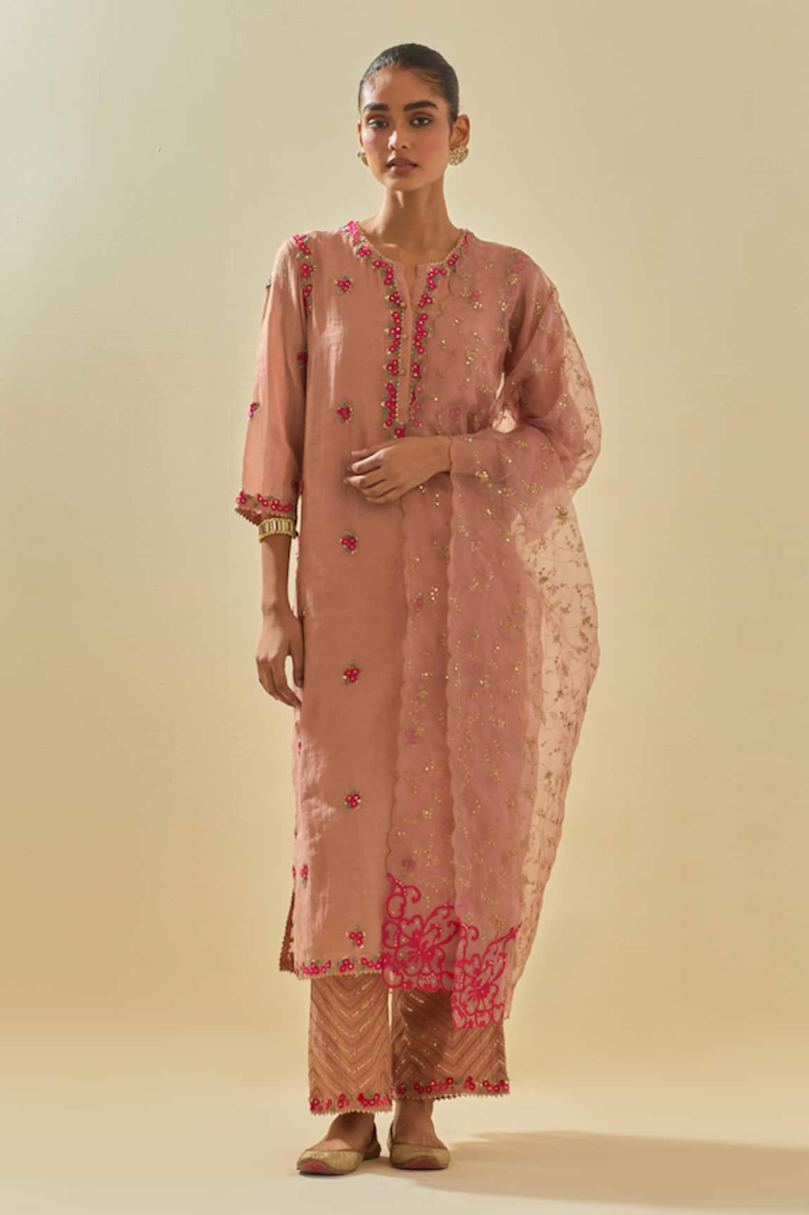 KORA Blossom Applique Embellished Kurta Pant Set