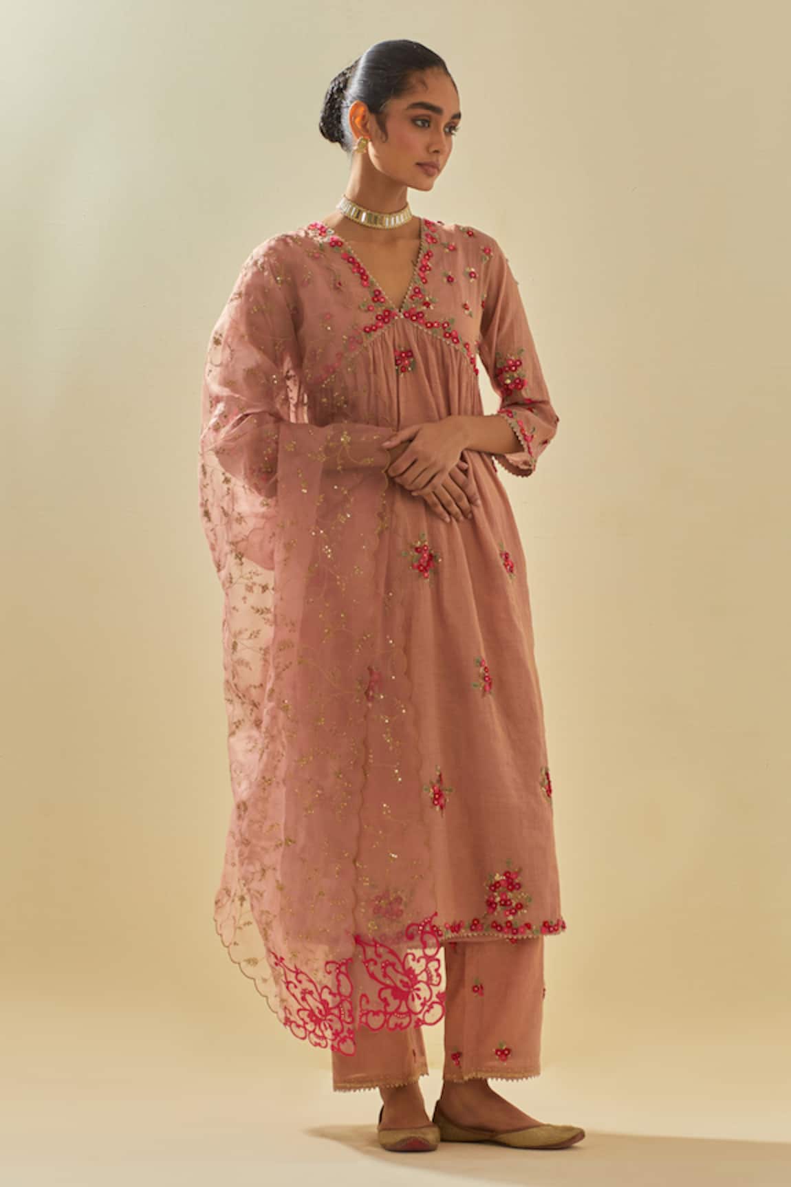 KORA Applique Sequin Embellished Anarkali Pant Set